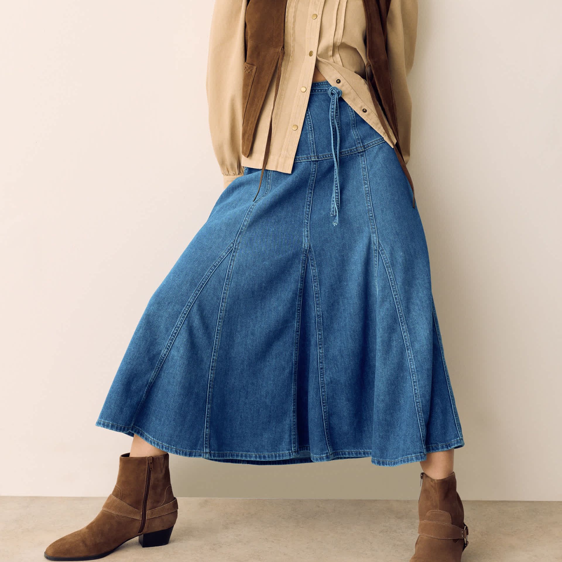 Denim Tie Waist Midi Skirt