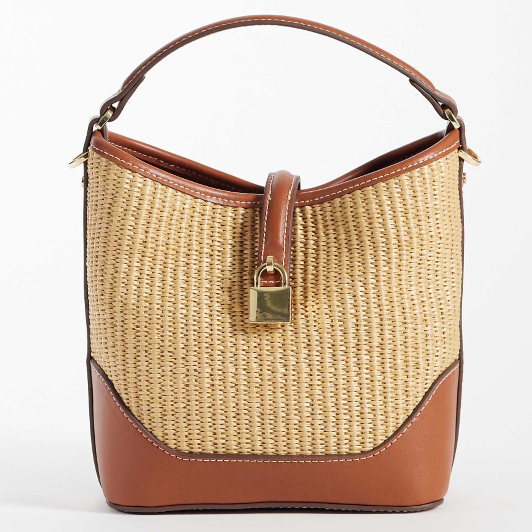 Mango Woven Bucket Bag With Buckle in Beige