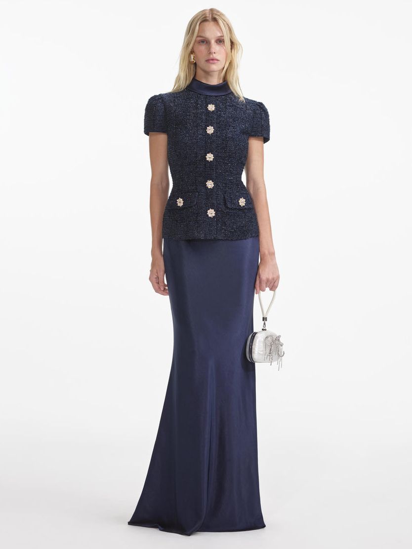 Navy Metallic Boucle Maxi Dress