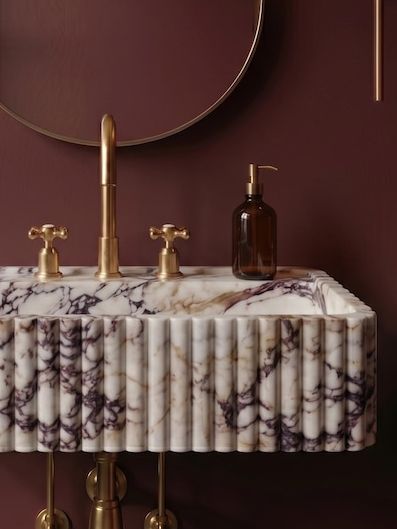 Fluted Calacatta Viola Marble Sink | Hand Carved Wall Mount Basin | Modern Powder Room Vanity | Natural Stone Washbasin