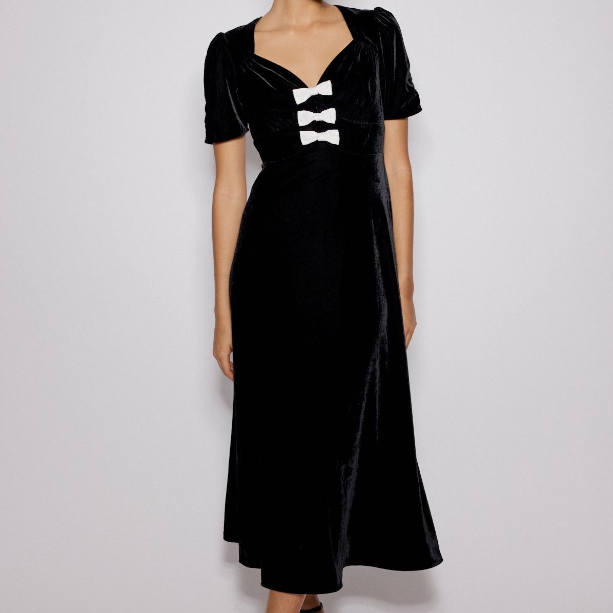 Black Bow Front Velvet Eleanor Midi Dress