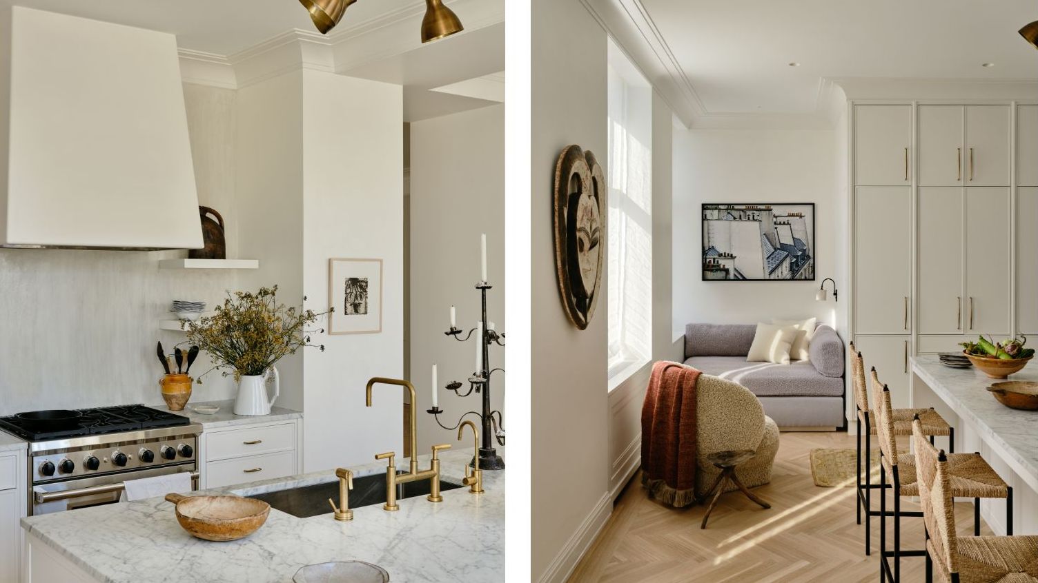 two pictures next to each other. On the left is a pared back kitchen with a large gray hood. On the right is the side of the island leading to a reading nook