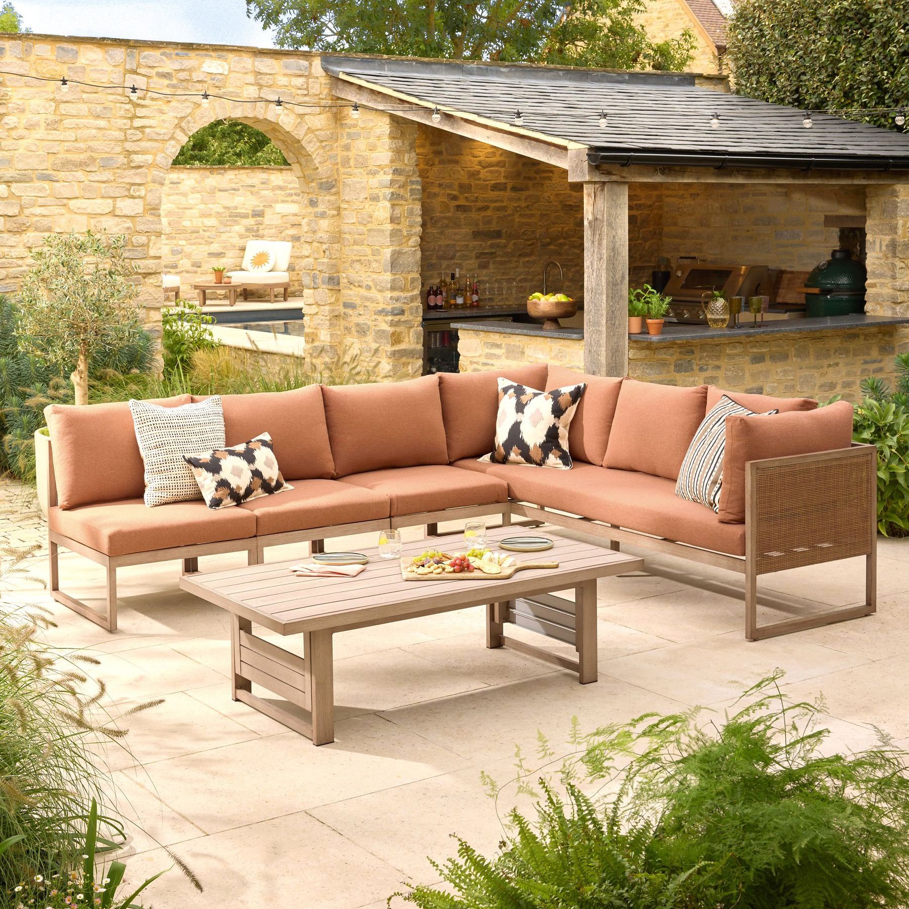 Rust Brown Abel Rattan Garden Modular 6 Seater Sofa and Table Lounge Set