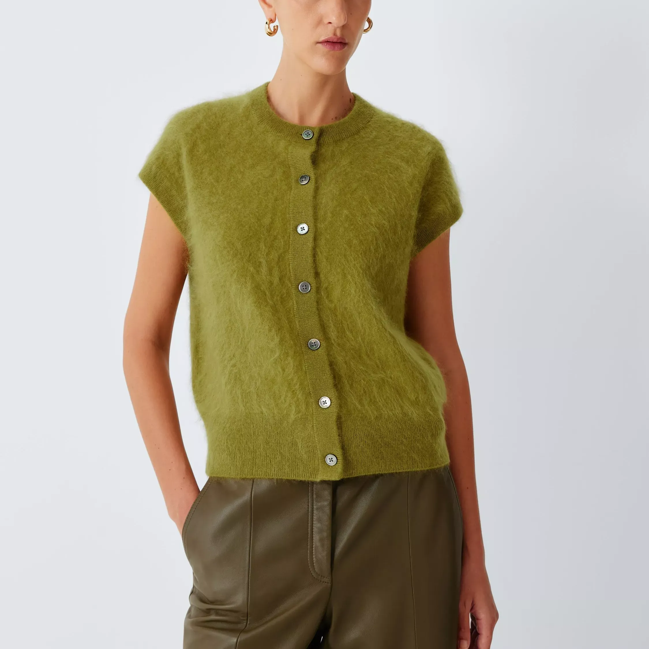 John Lewis Cashmere Brushed Sleeveless Crew Neck Cardigan, Chocolate