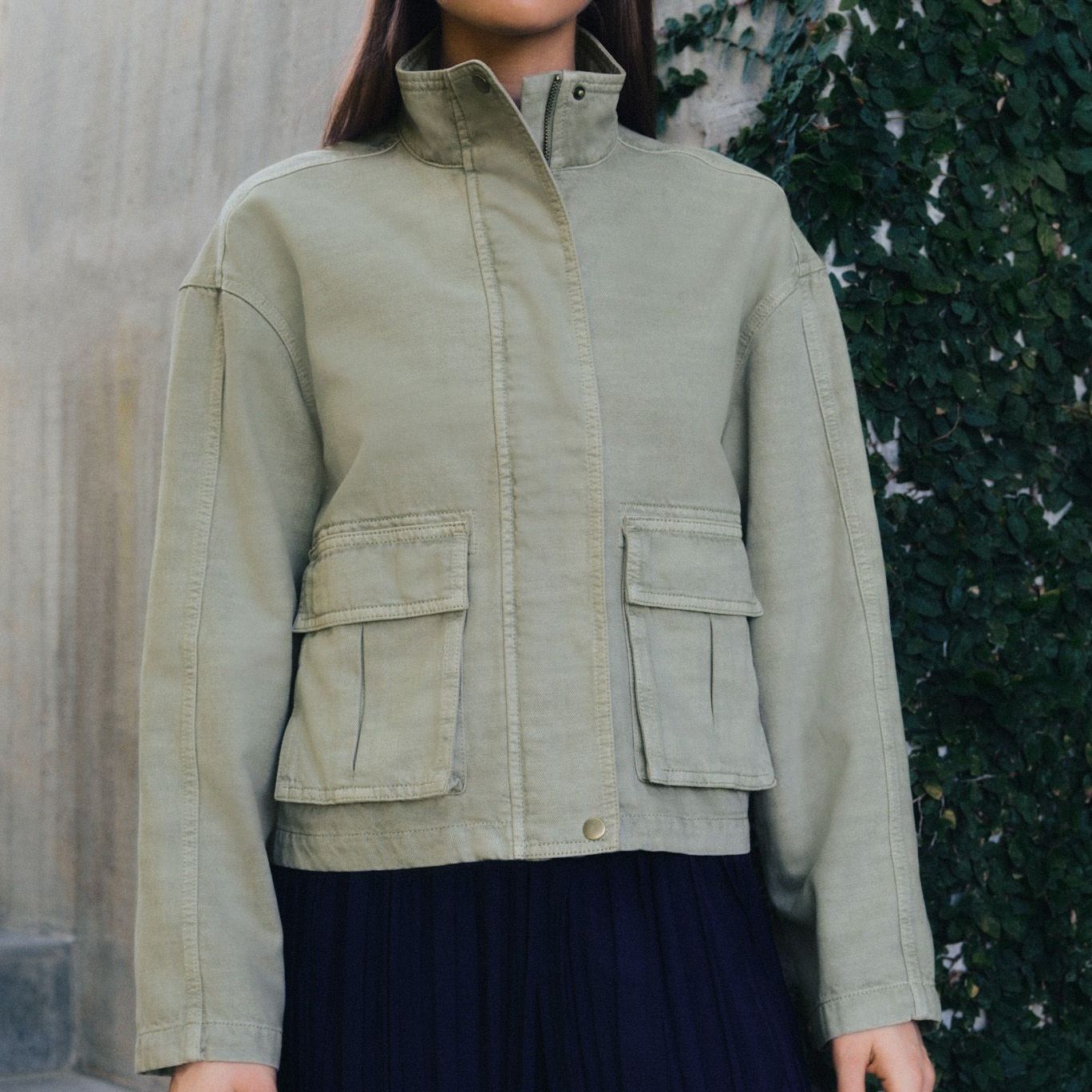 Khaki Green Funnel Neck Cotton Utility Jacket - Size X-Small