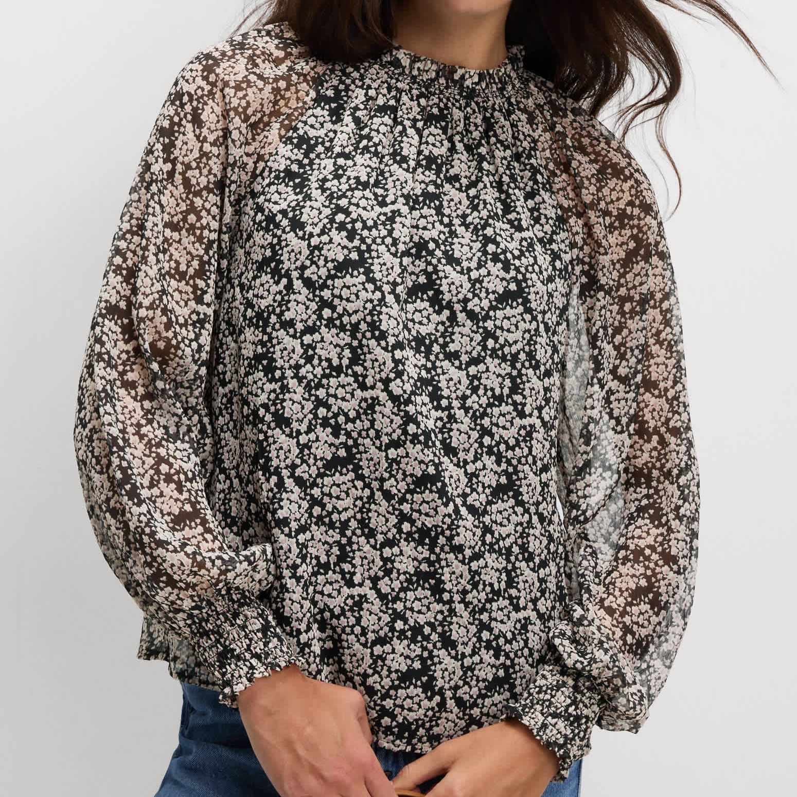 Sheer Floral Printed Long Blouson Sleeve Blouse