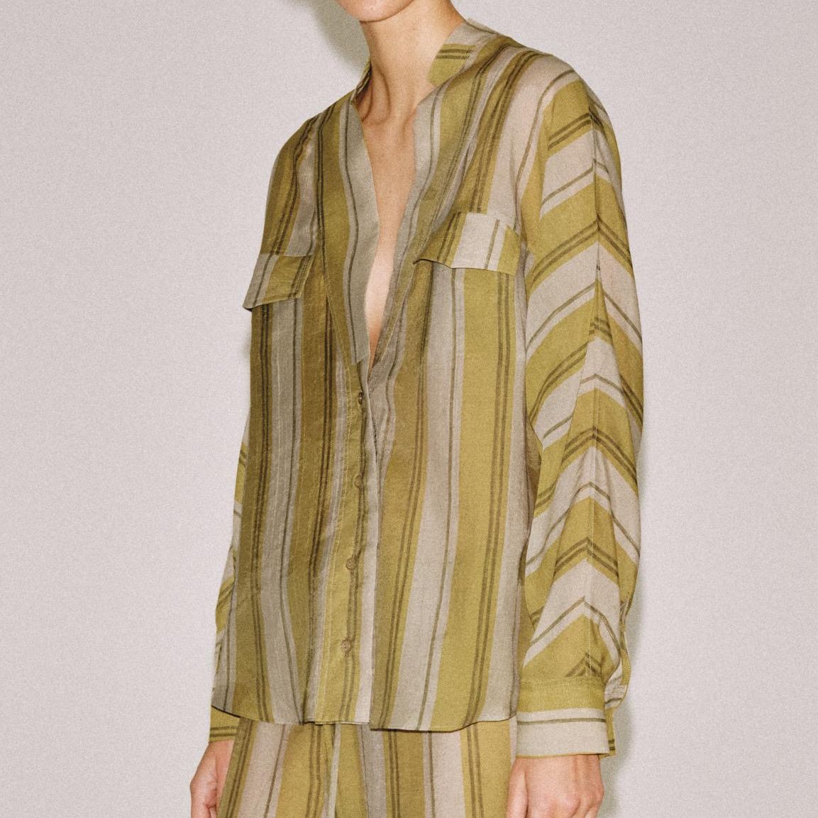 Zw Collection Striped Shirt - Green Stripe - Xs