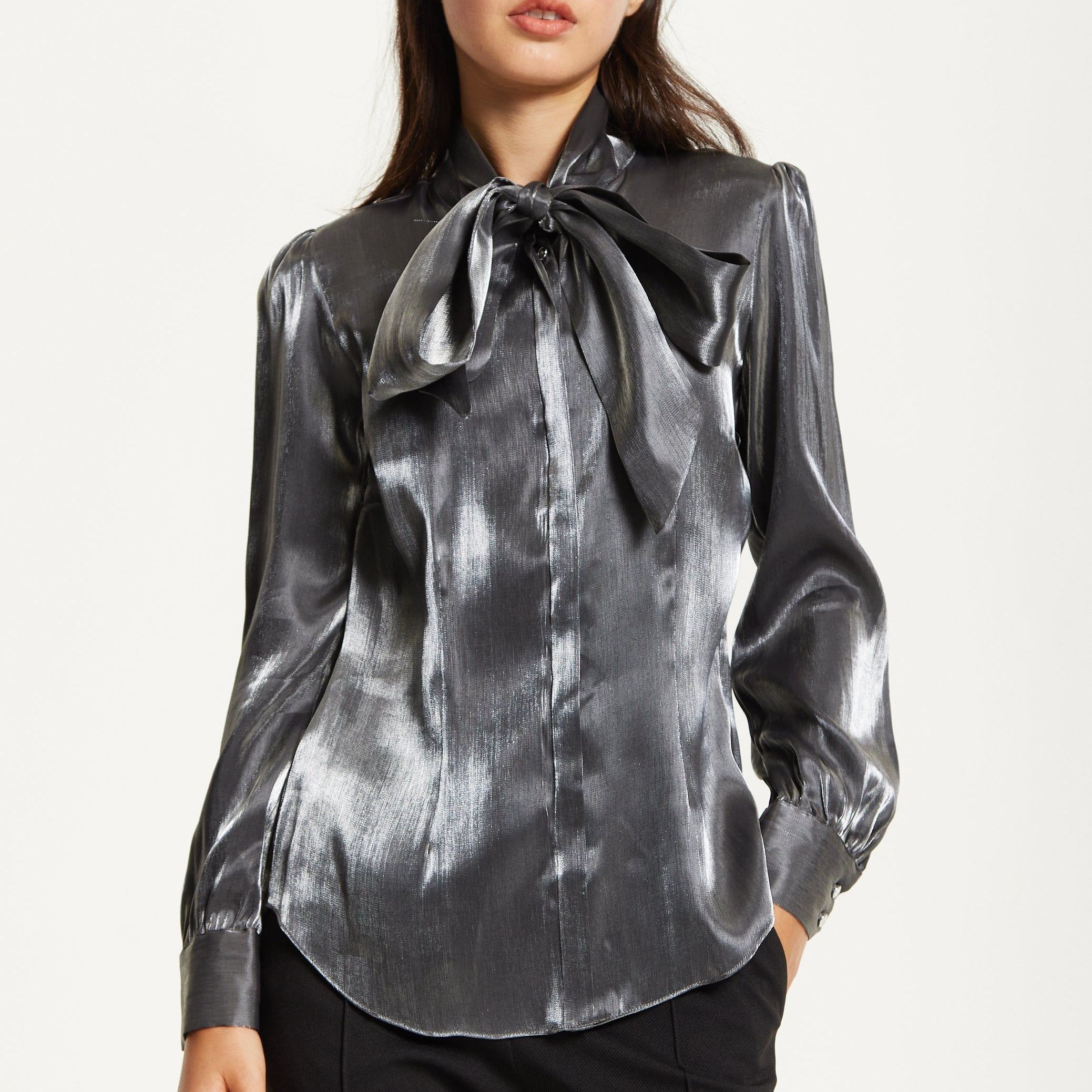 Charcoal Metallic Pussybow Blouse