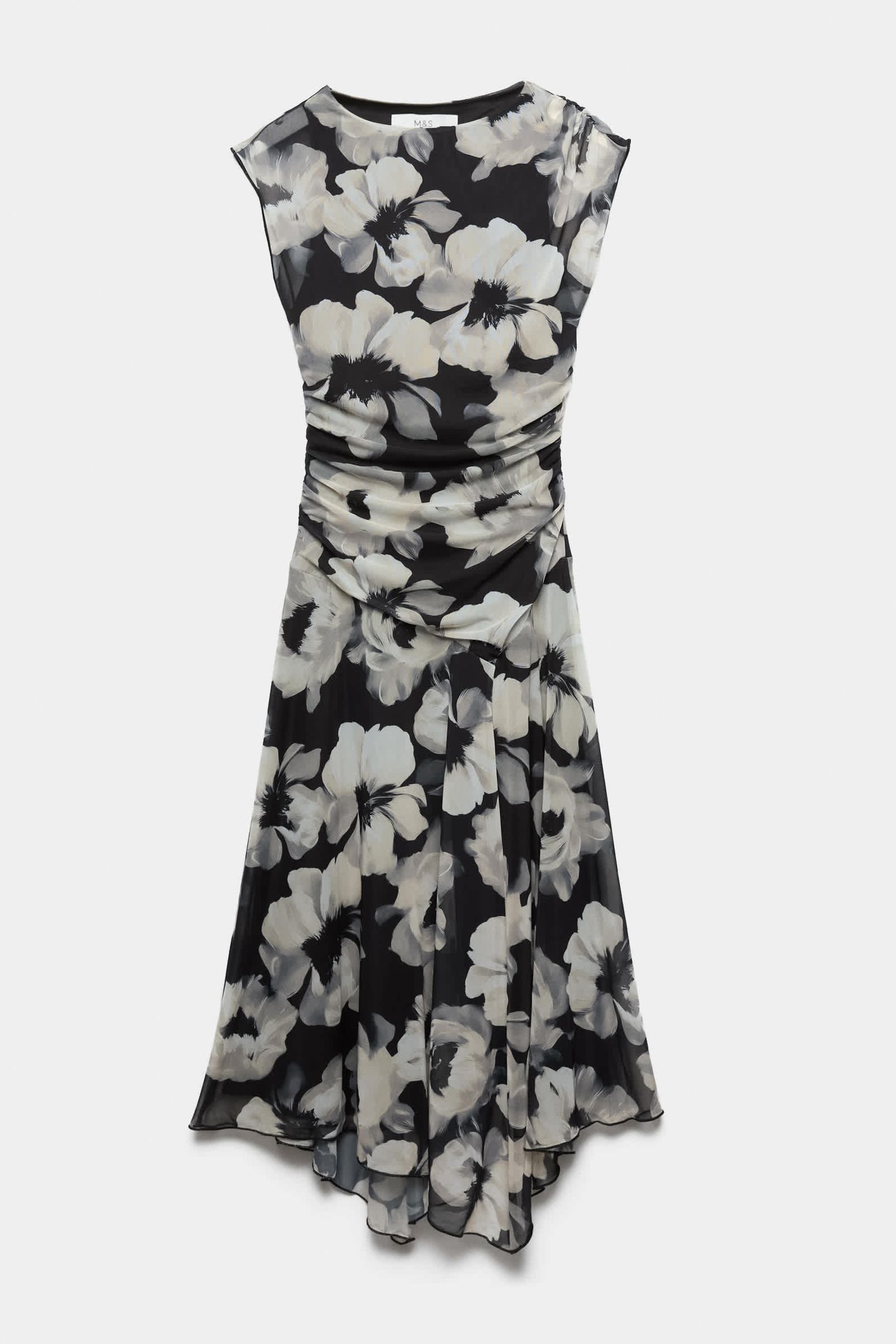 Mesh Floral Ruched Midi Waisted Dress