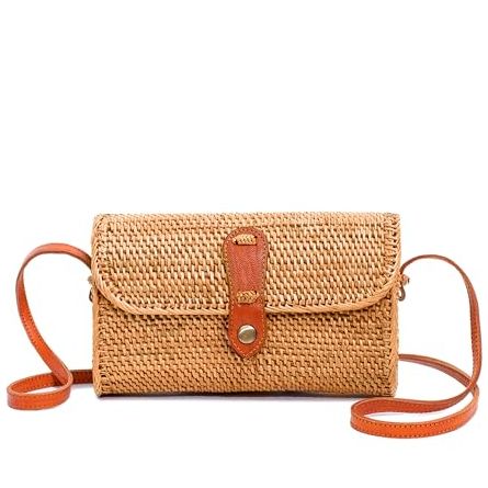 Novum Crafts Round Rattan Bag for Women - Handmade Ata Wicker Woven Purse - Circle, Square, Oval Brown Straw Boho Bags, Square Small, 8&amp;rdquo; X 3" (20,3 Cm X 7,6 Cm)