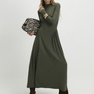 Khaki Long Sleeve Gathered Waist Maxi Dress