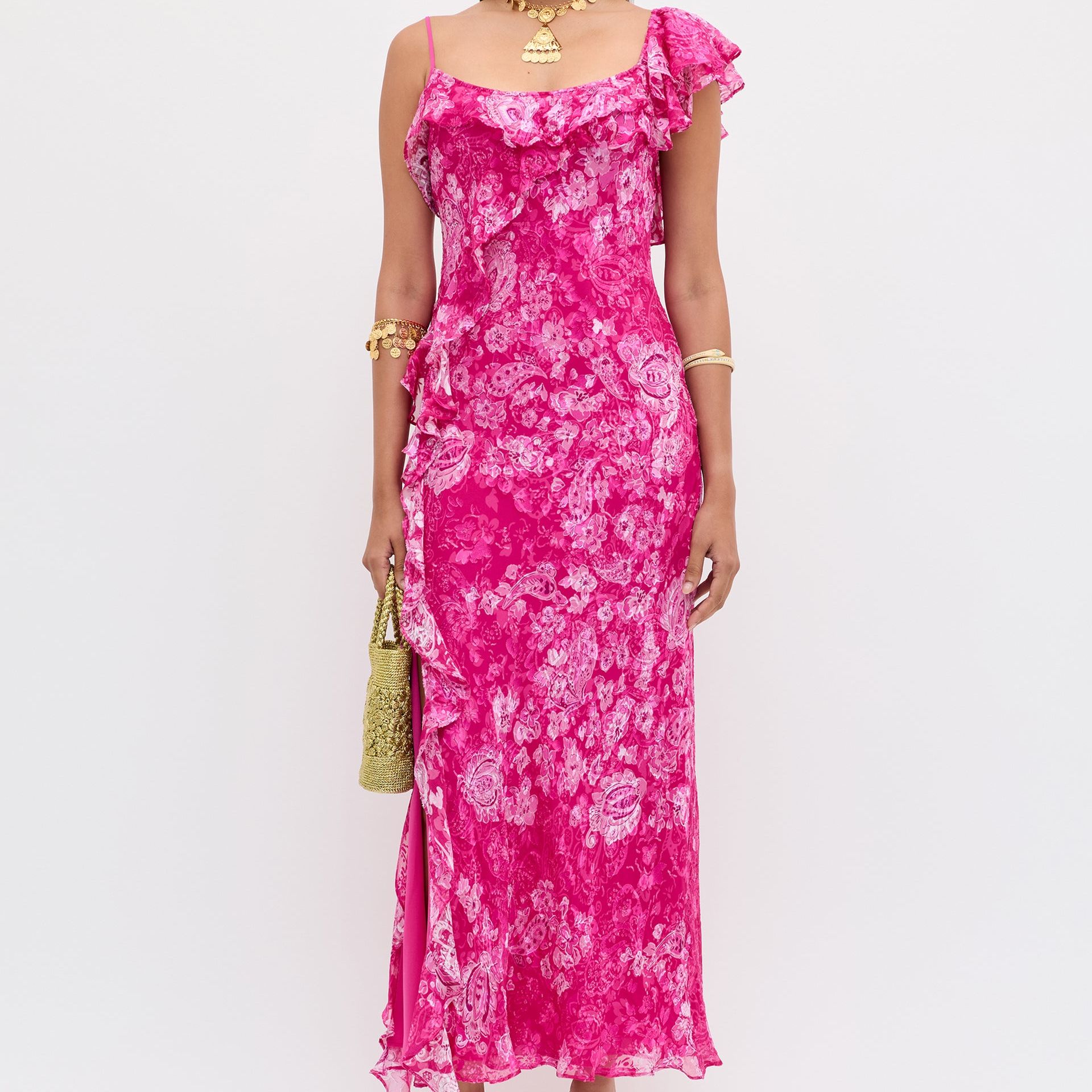 Ester Silk Devor&amp;eacute; Maxi Dress in Pink Cara Devore Magenta