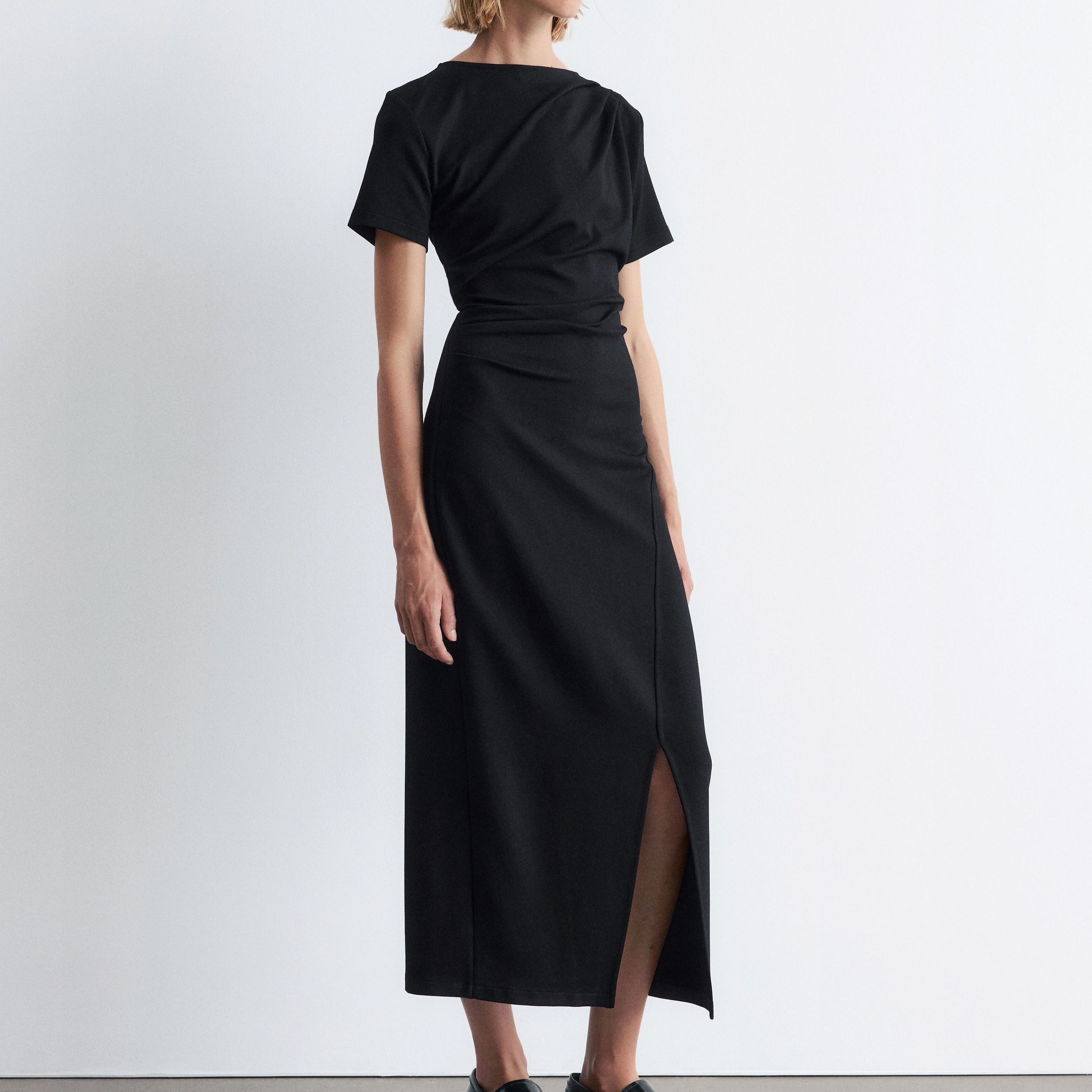 Draped Short-Sleeve Midi Dress