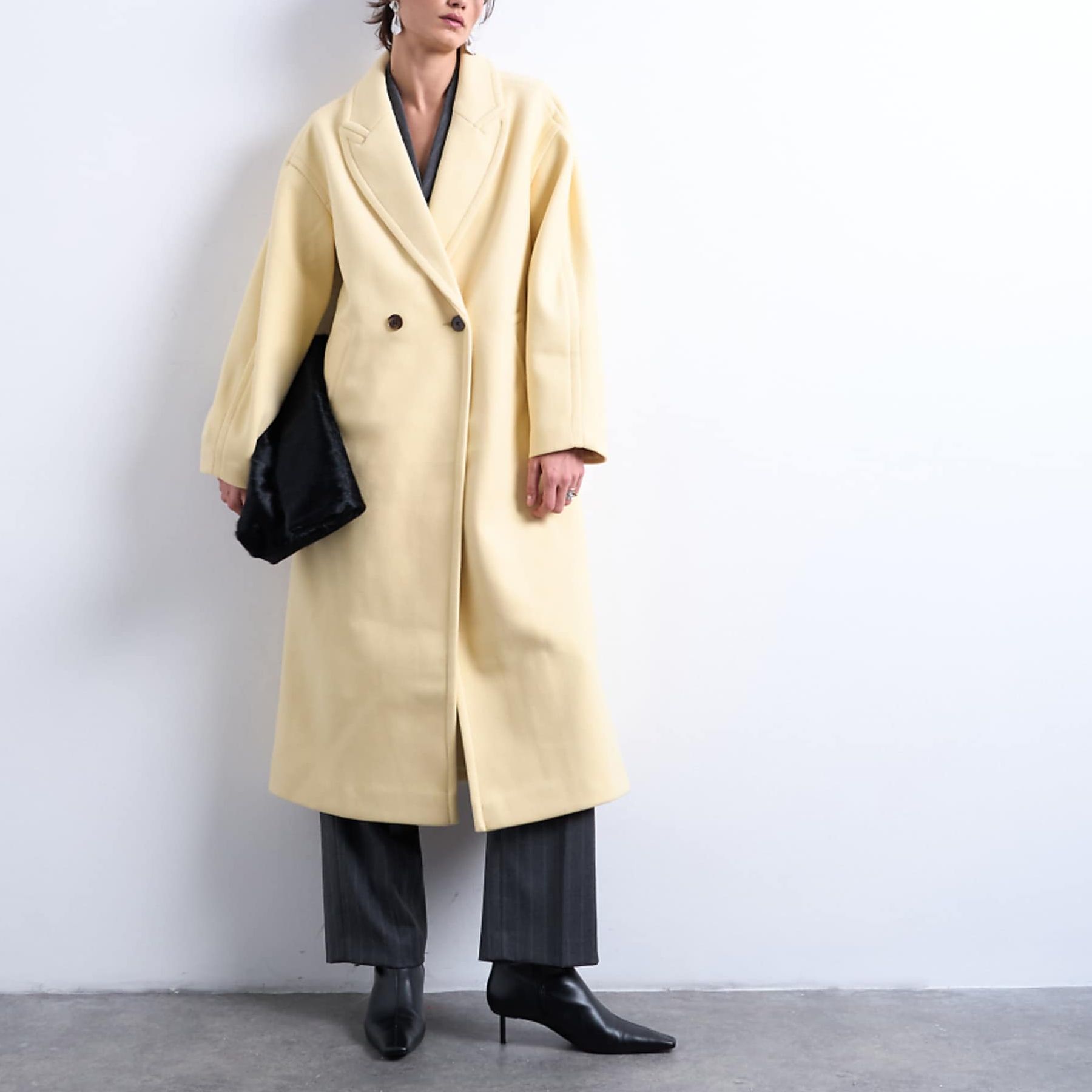 Topshop Ovoid Sleeve Double Breasted Longline Formal Coat in Buttermilk