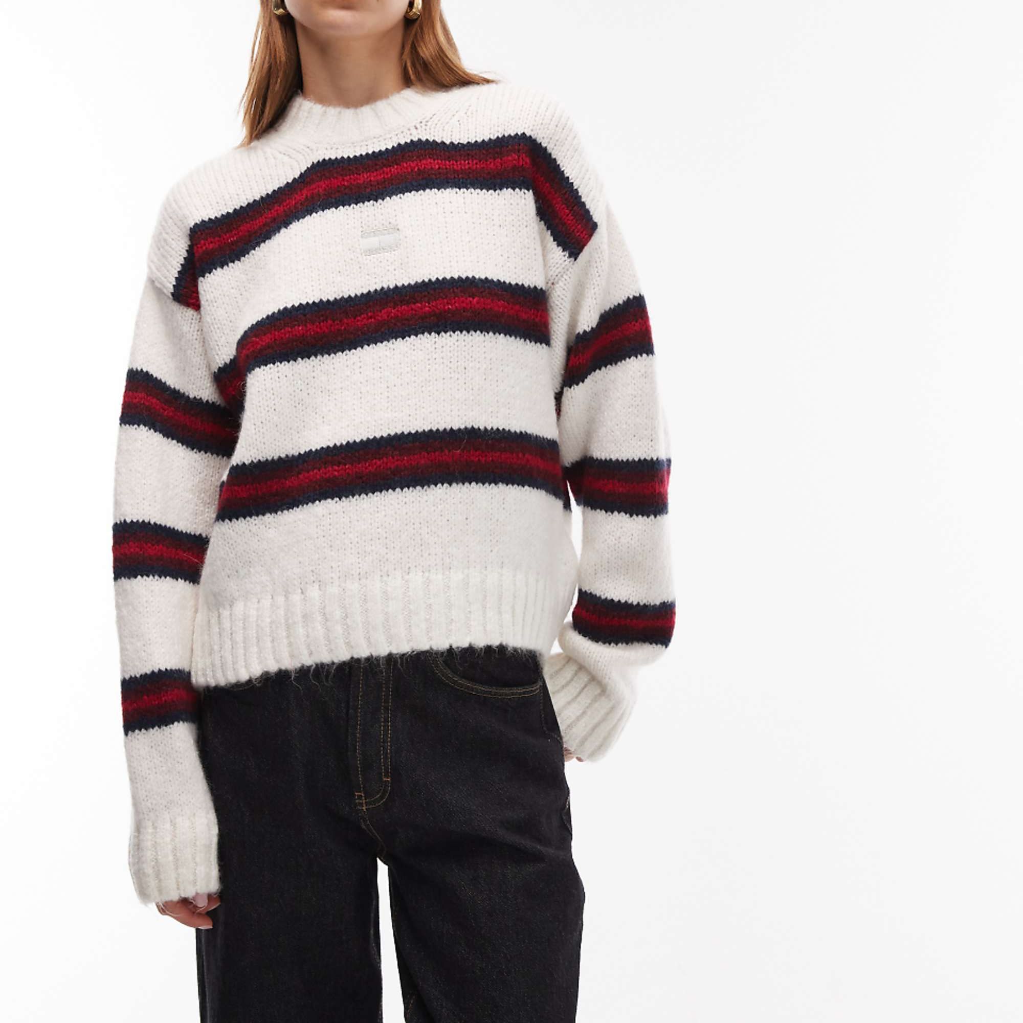 Tommy Jeans Stripe Fluffy Sweater in White Stripe