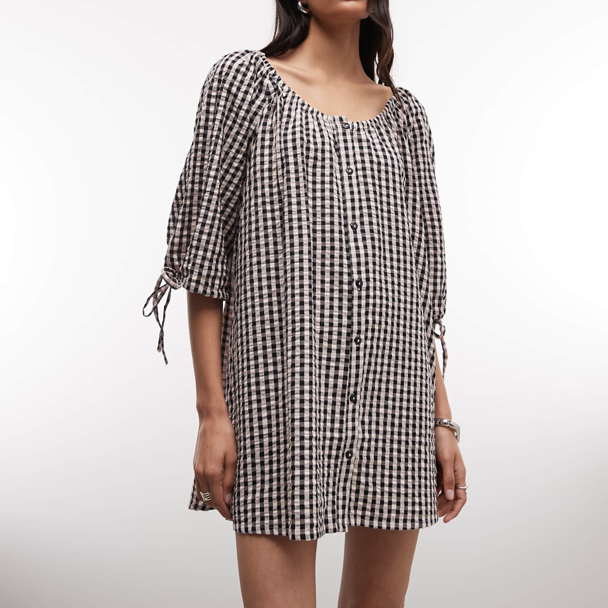 Collusion Smock Long Sleeve Mini Dress in Beige and Black Gingham