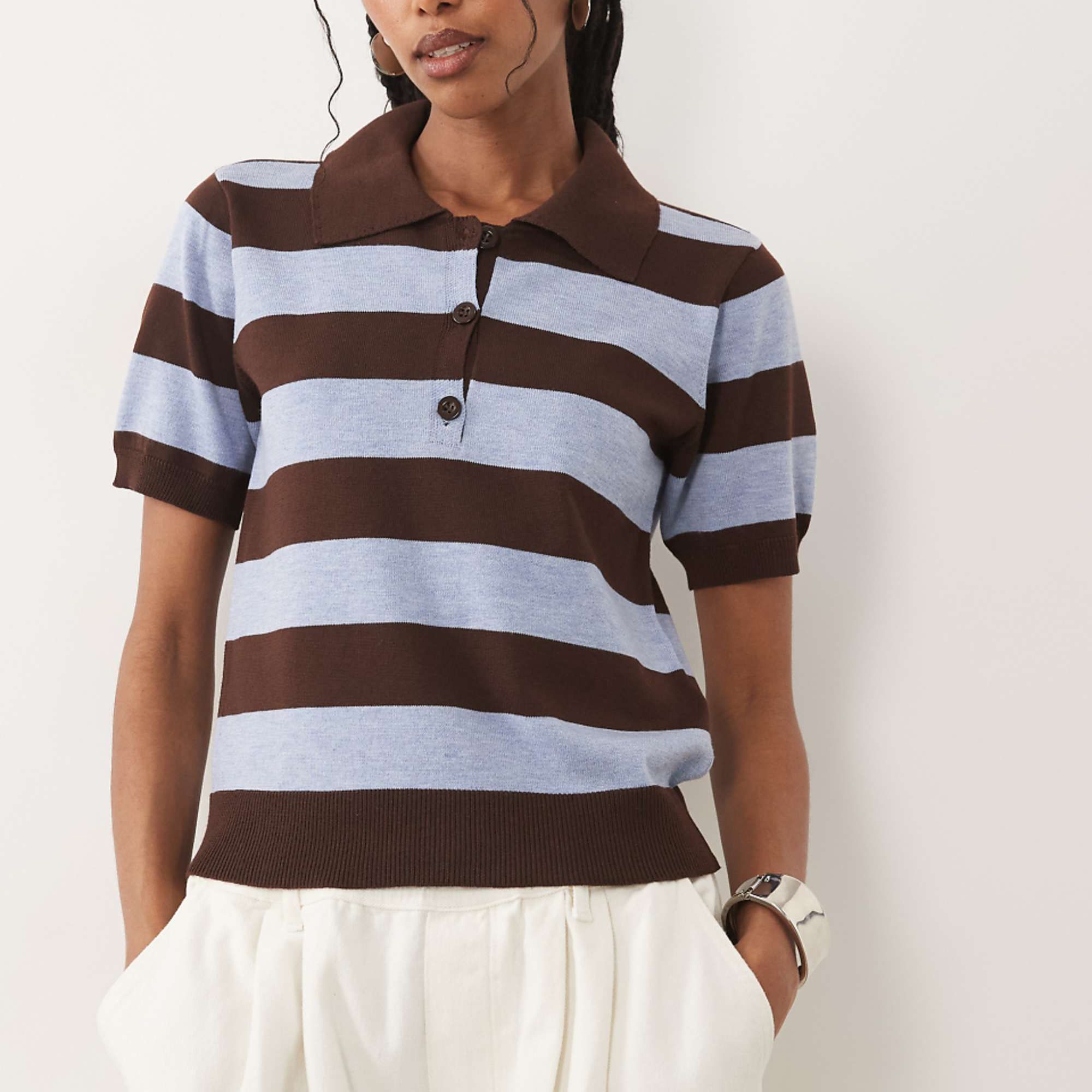 Threadbare Short Sleeve Knitted Polo Top in Blue and Brown