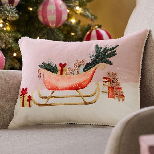 Embroidered Sleigh Christmas Cushion