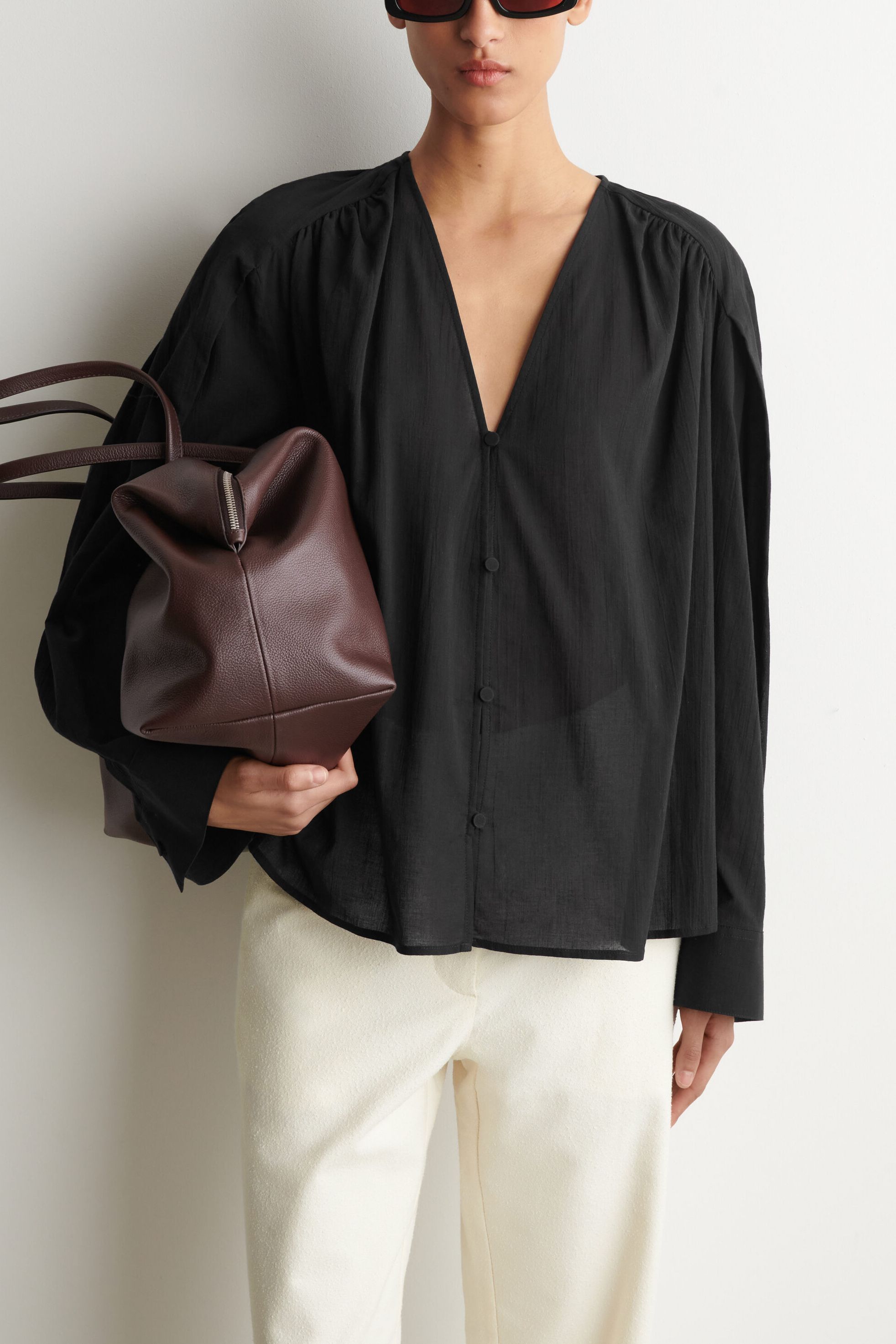 Gathered Lightweight Cotton V-Neck Shirt