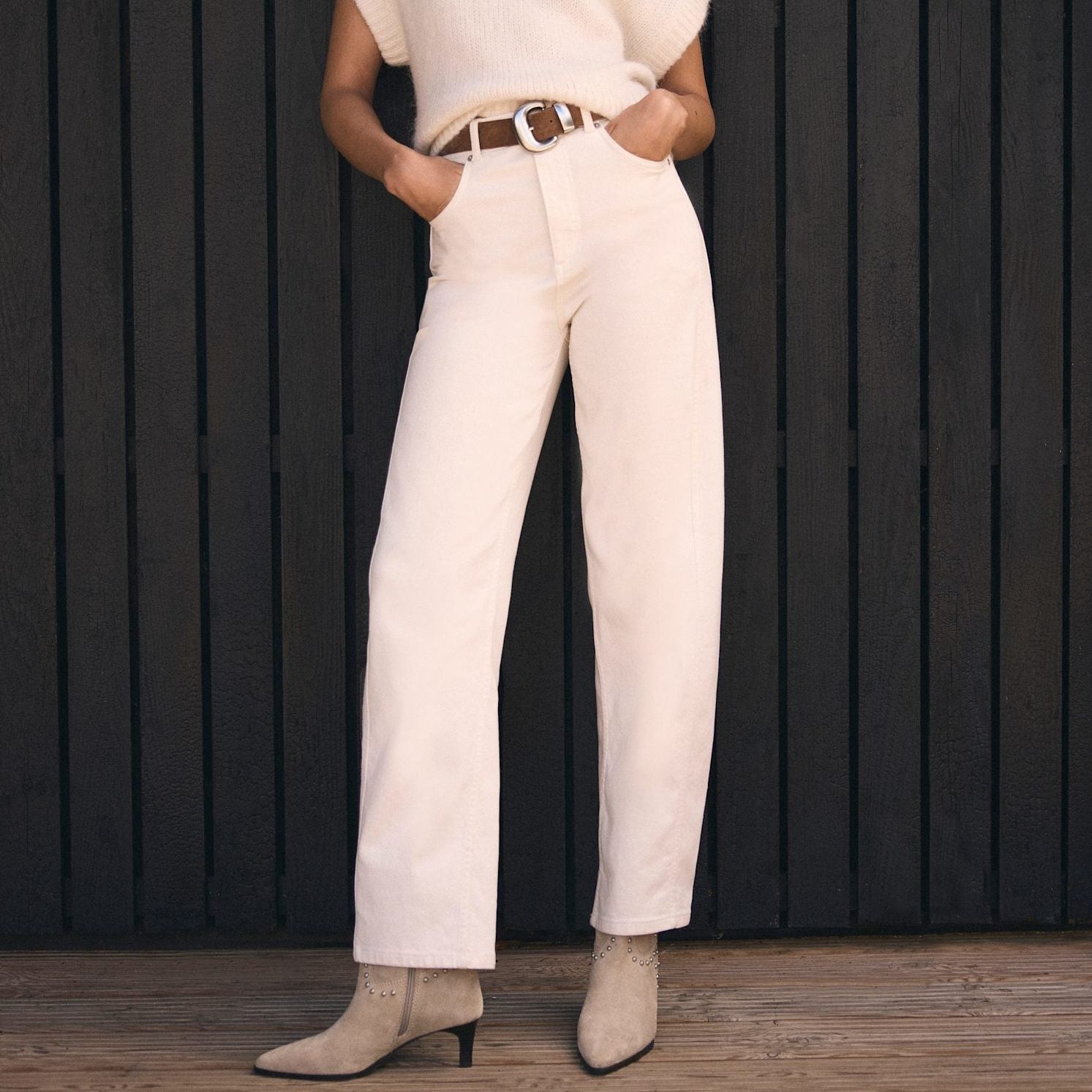 Cream Barrel Leg Jeans