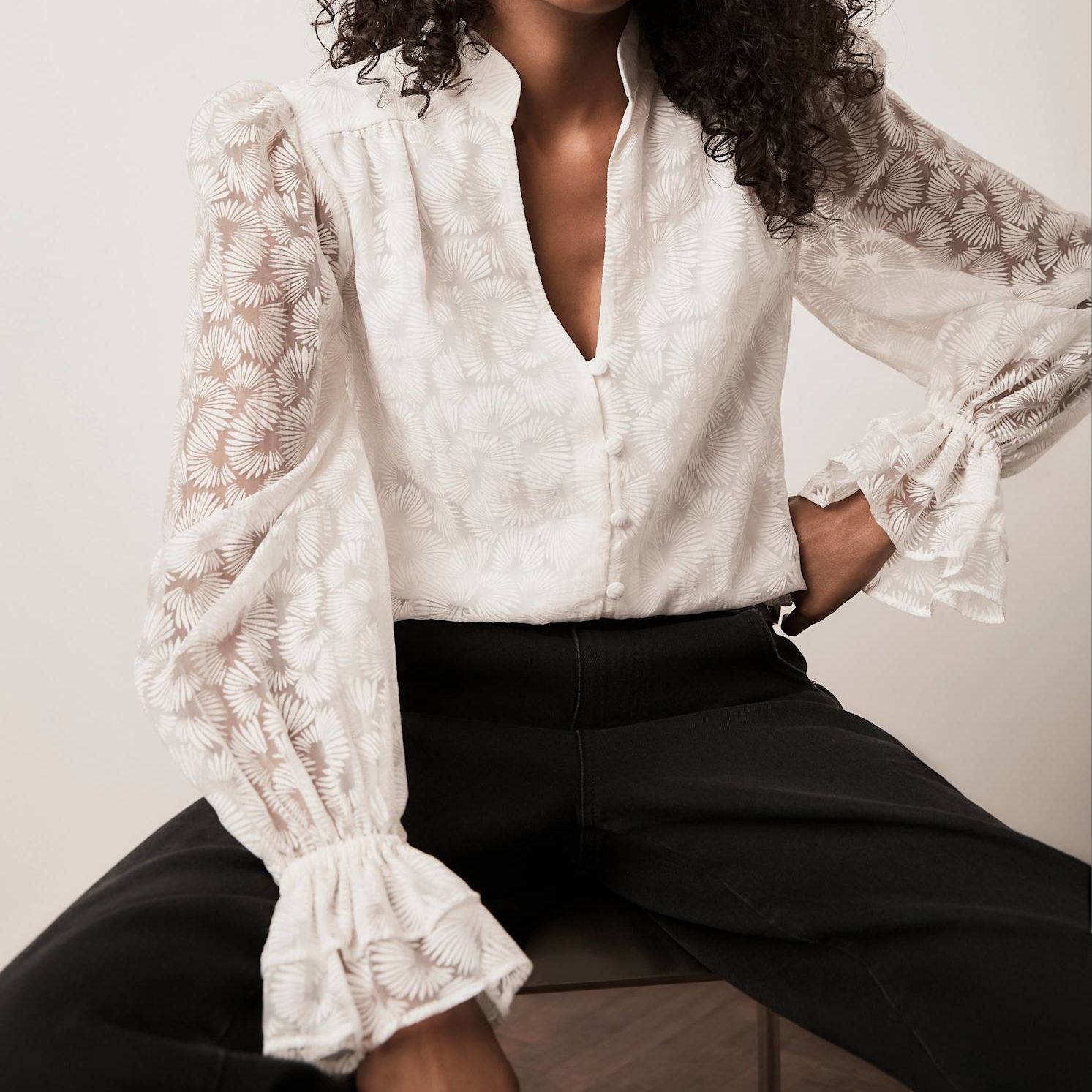 Cream Ruffle Sleeve Feather Detail Blouse