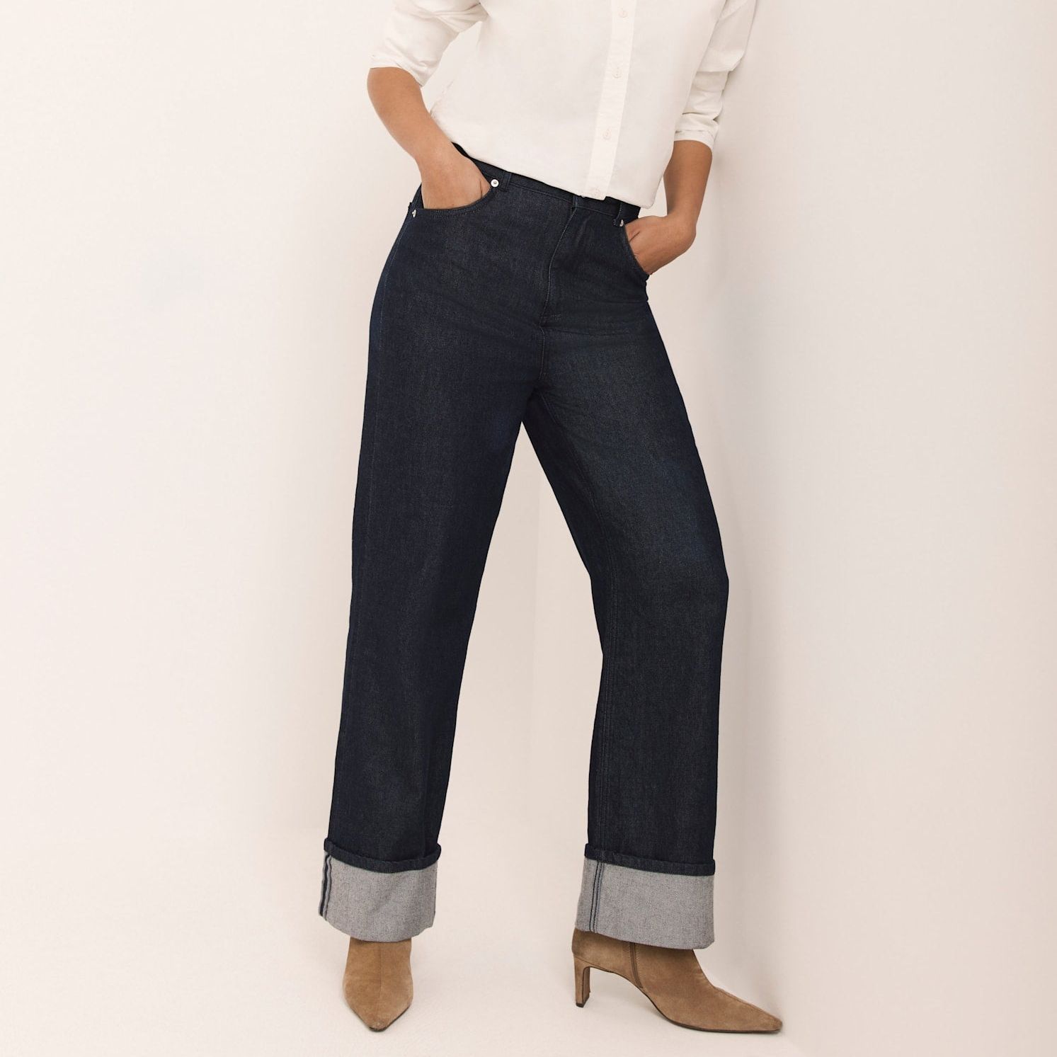 Dark Indigo Wide Turn Up Jeans