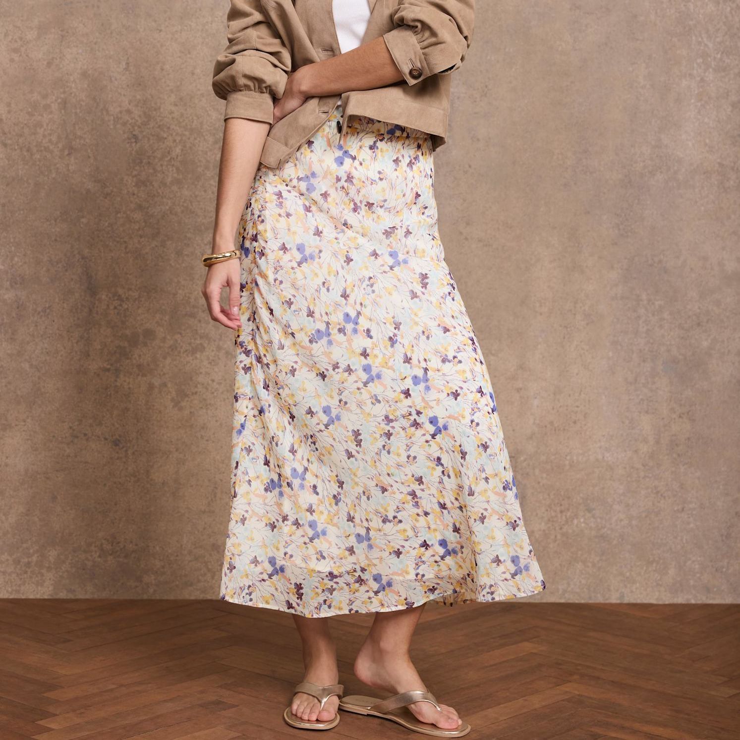 Pale Blue Floral Print Midi Skirt