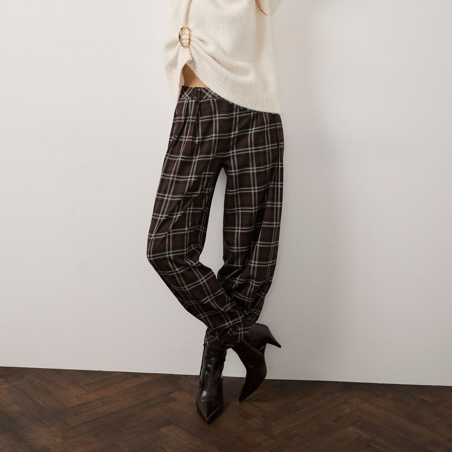 Brown Checked Balloon Trousers