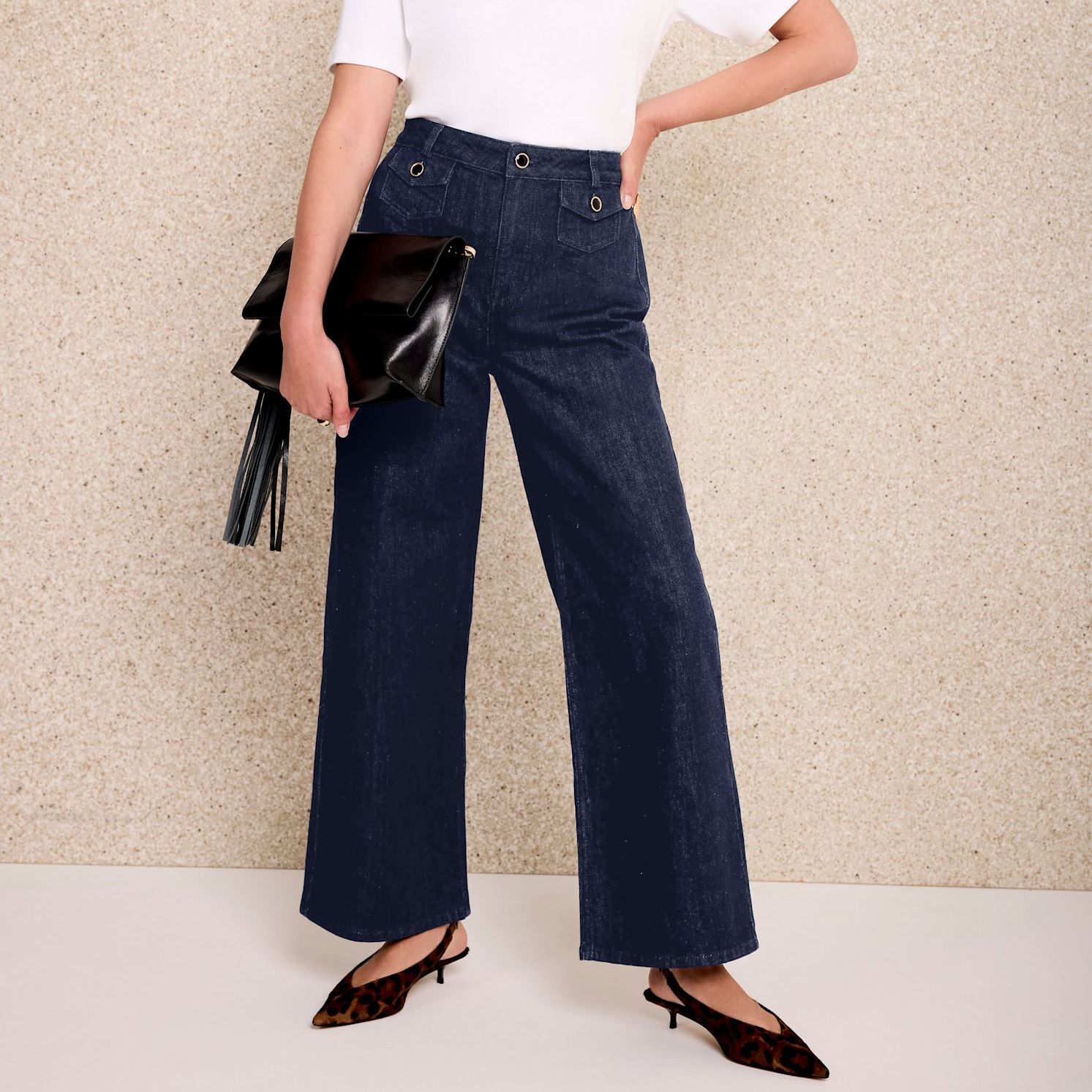 Dark Indigo Patch Pocket Wide Leg Crop Jeans