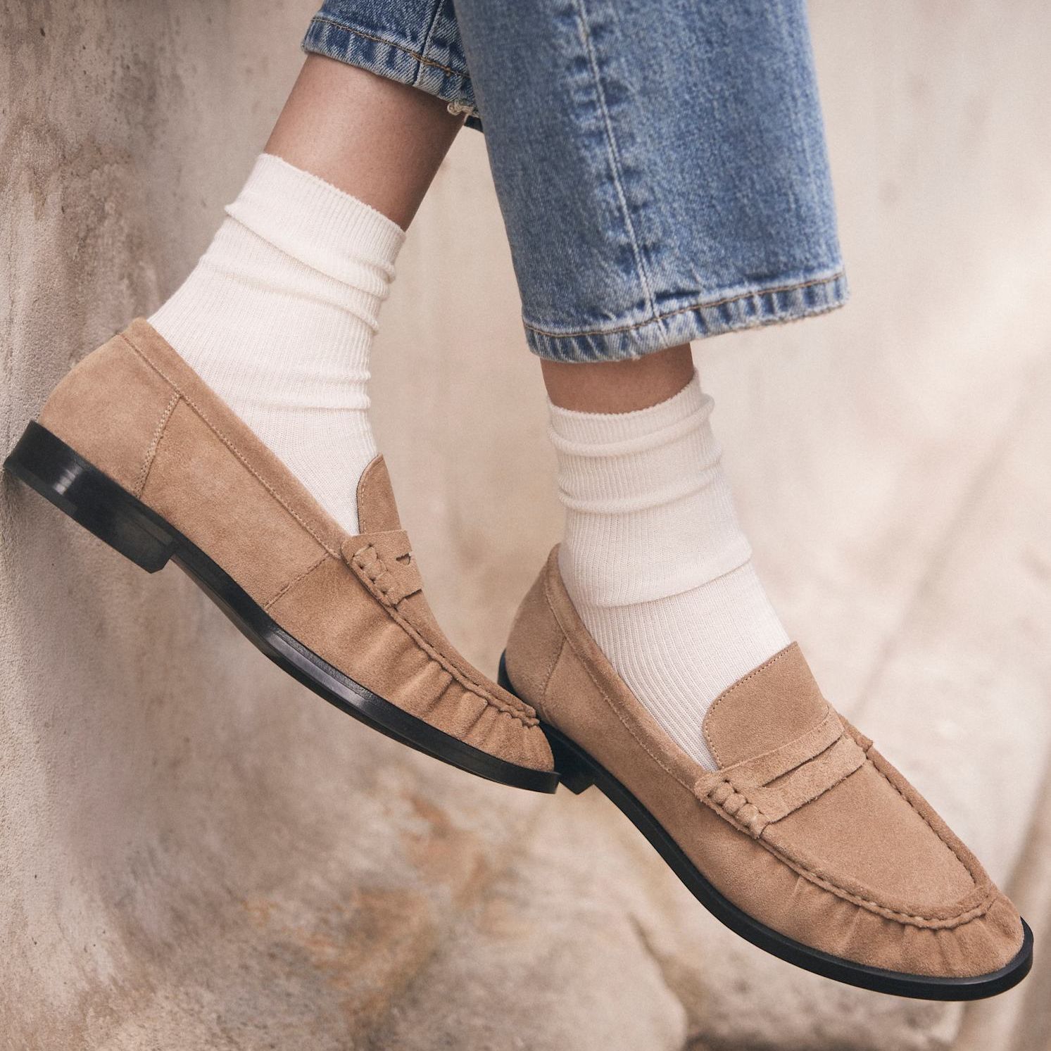 Gigi Neutral Suede Penny Loafers