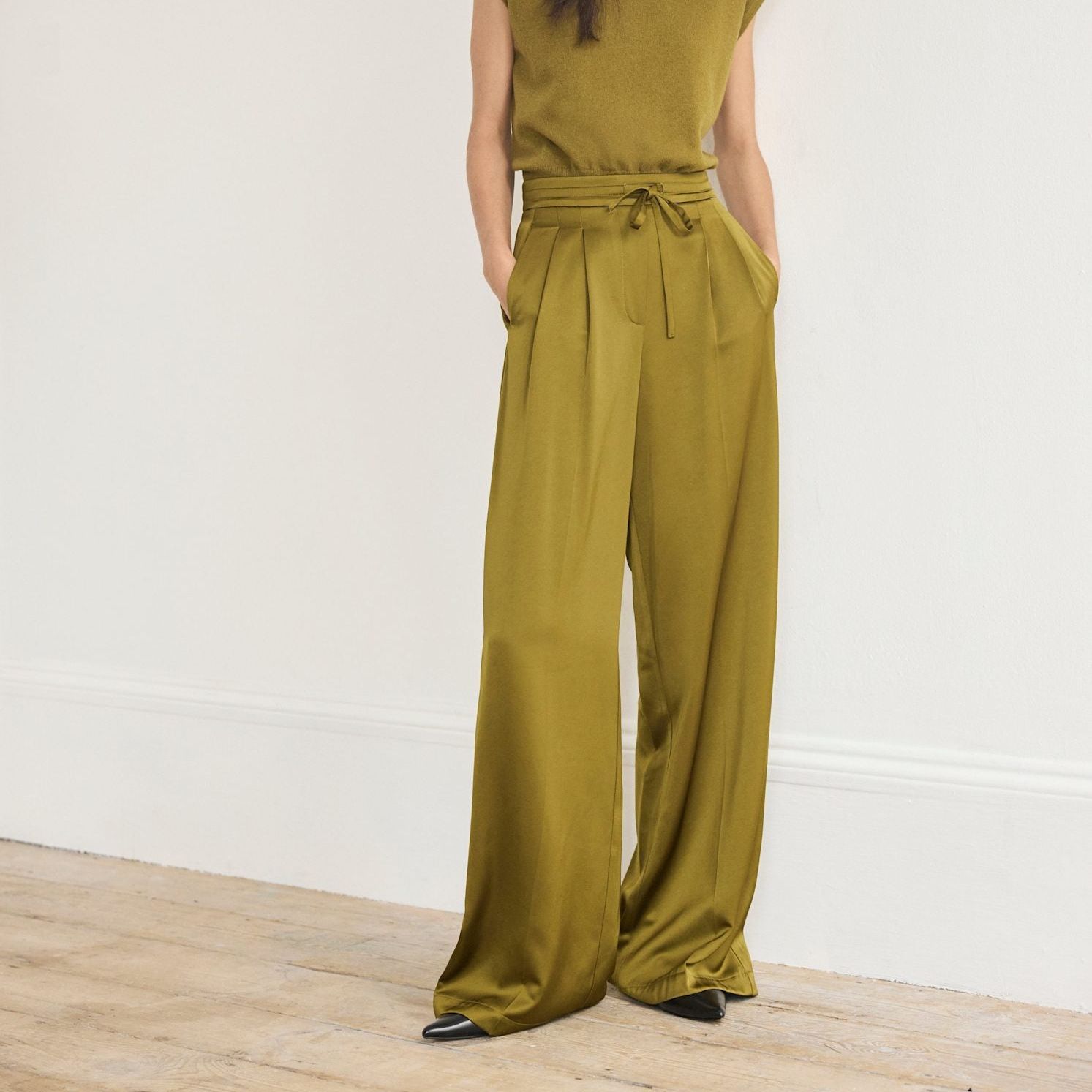 Olive Green Satin Wide Leg Trousers