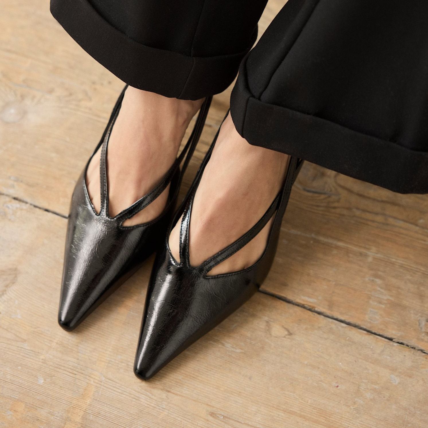 Bianca Black Patent Leather Slingback Heels