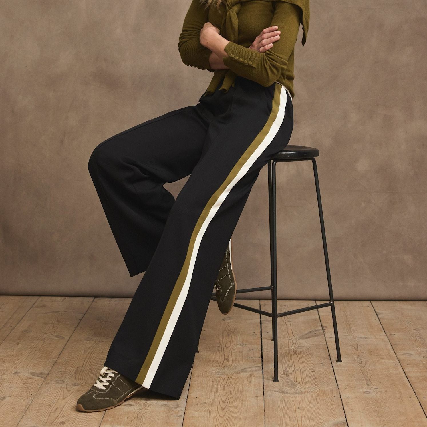 Black Side Stripe Tie Waist Wide Leg Trousers