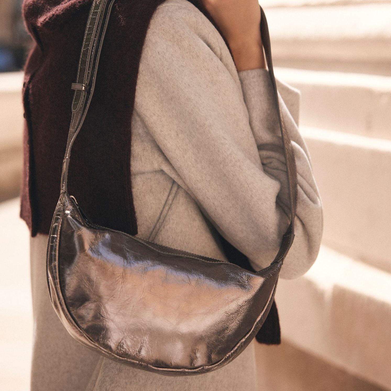 Dolly Silver Leather Scoop Sling Bag