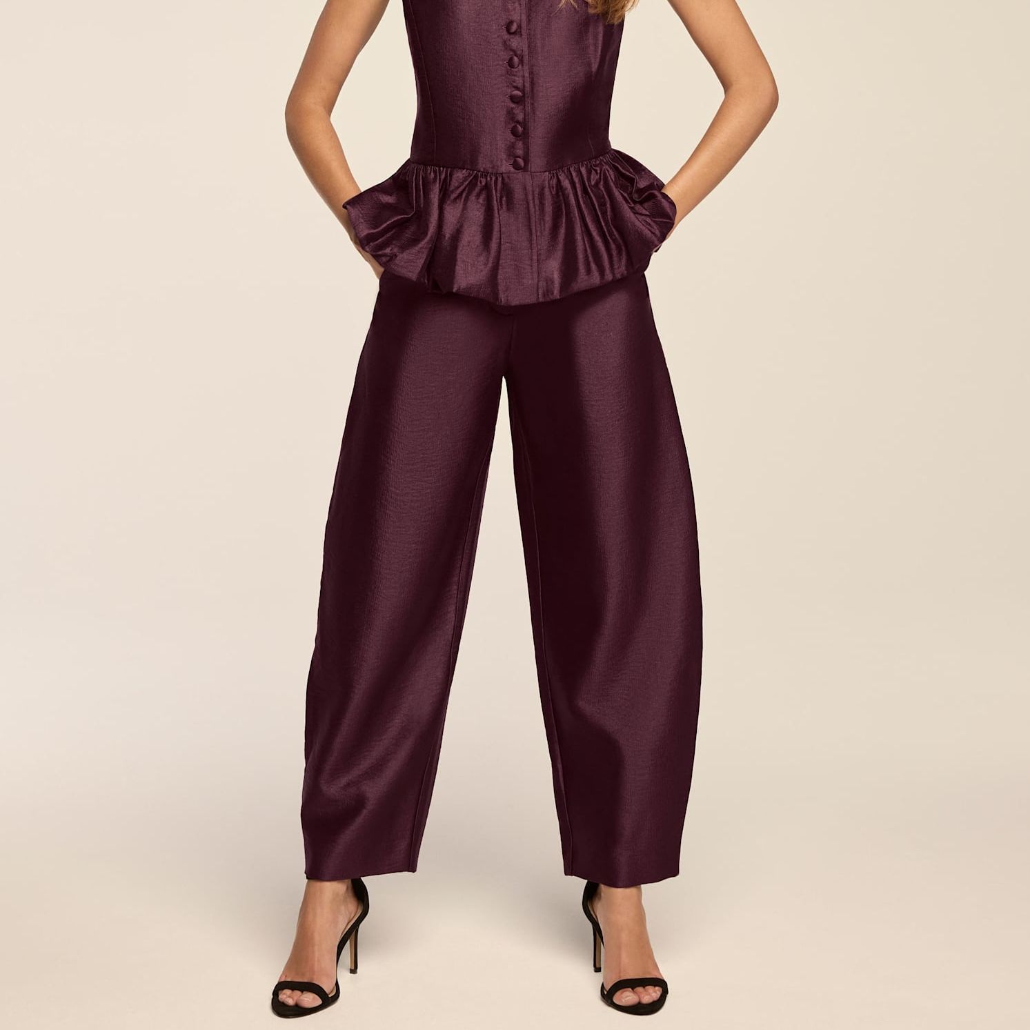 Burgundy Satin Barrel Leg Trousers