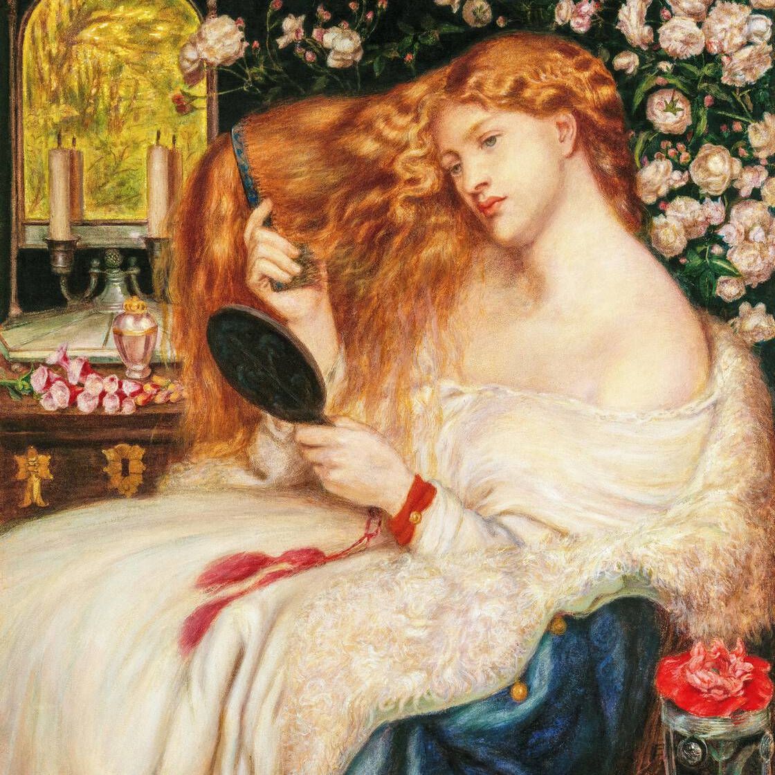 Pre Raphaelite Painting of a red headed lady brushing her hair while looking in a hand mirror