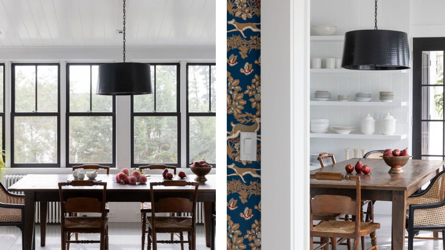 two pictures next to each other. On the left, a farmhouse dining table and wooden chairs. On the right, the same table from the other side, also showing open shelving