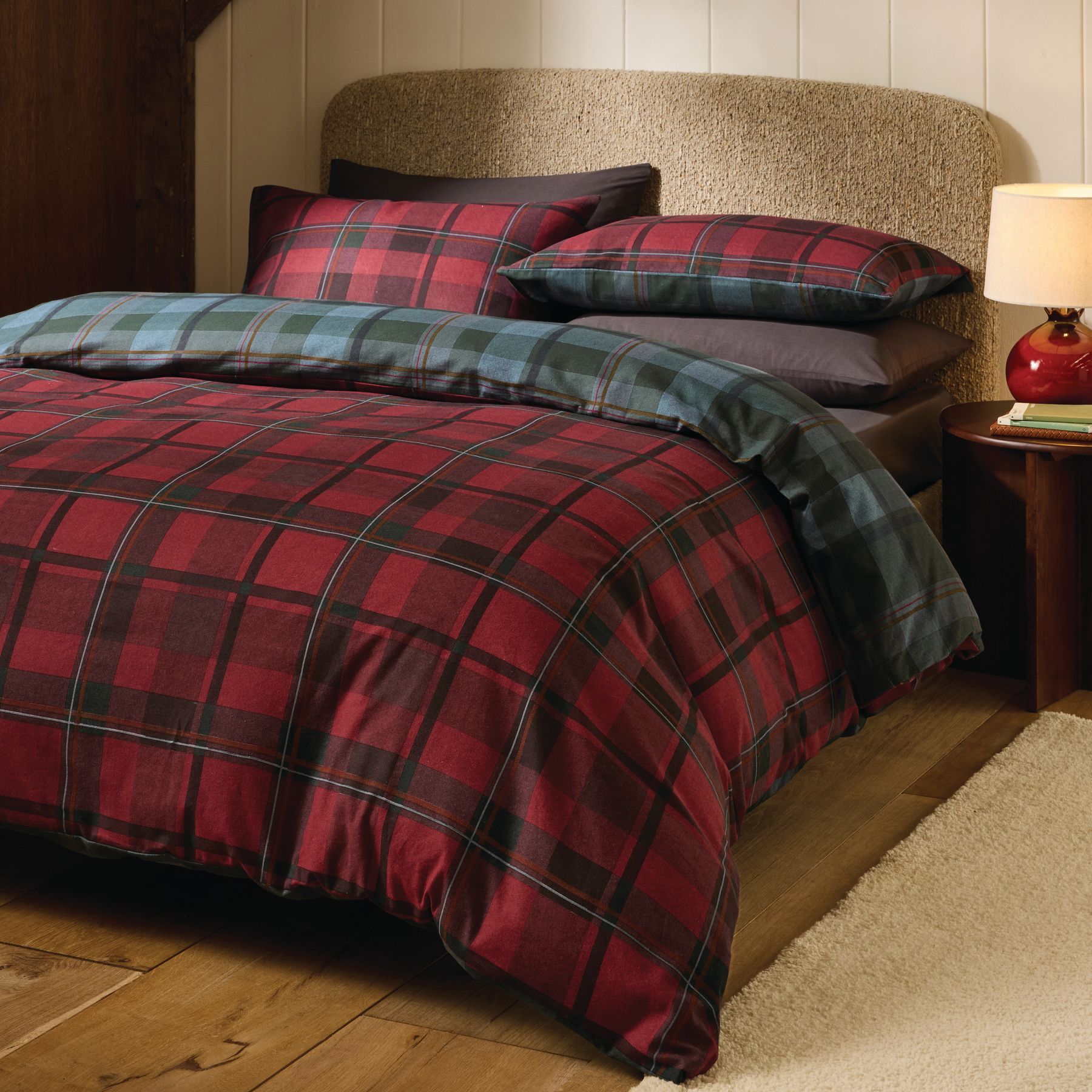 Red Tartan Check Brushed Cotton Reversible Duvet Cover and Pillowcase Set