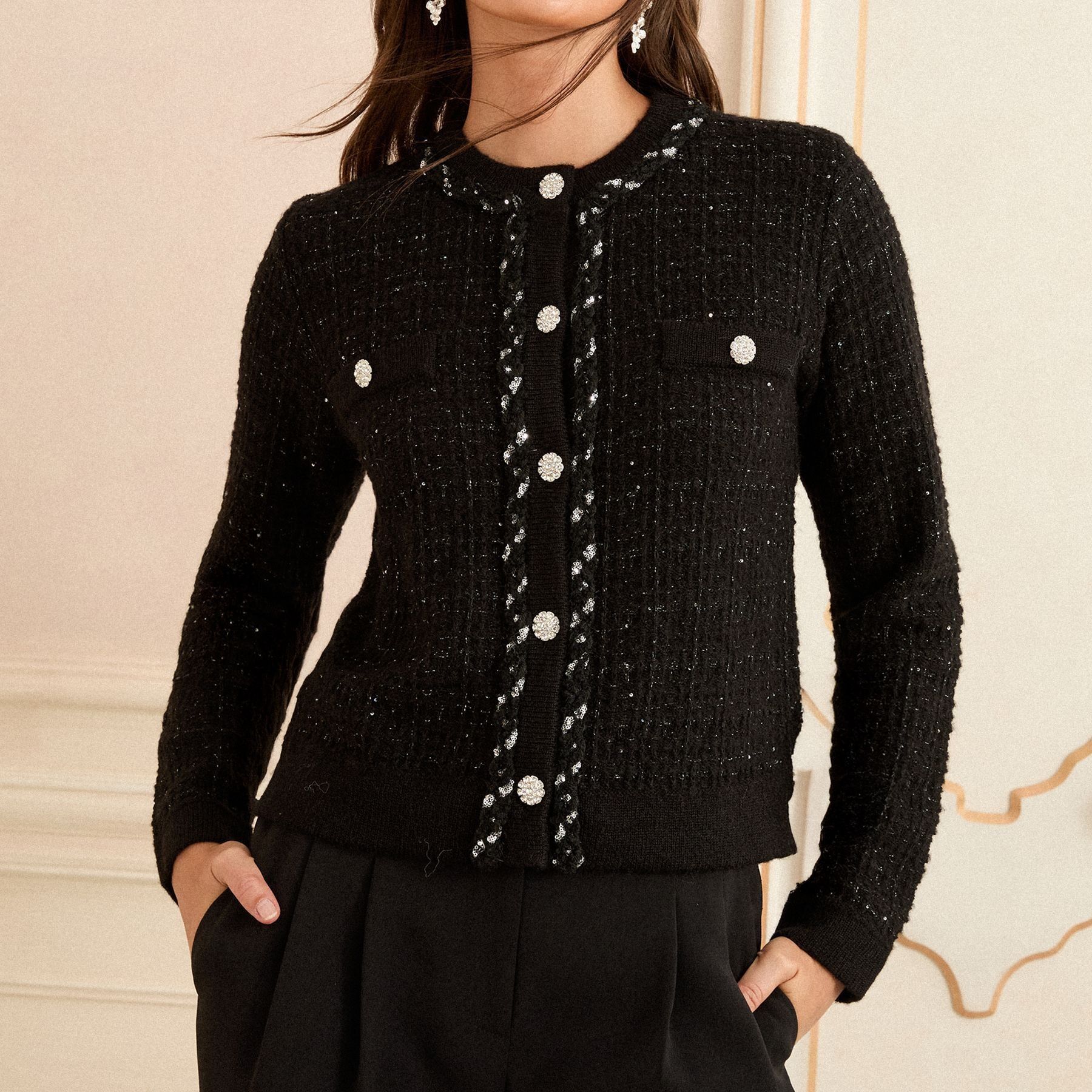 Love &amp;amp; Roses Black Lurex Embellished Button Kniited Jumper With Wool
