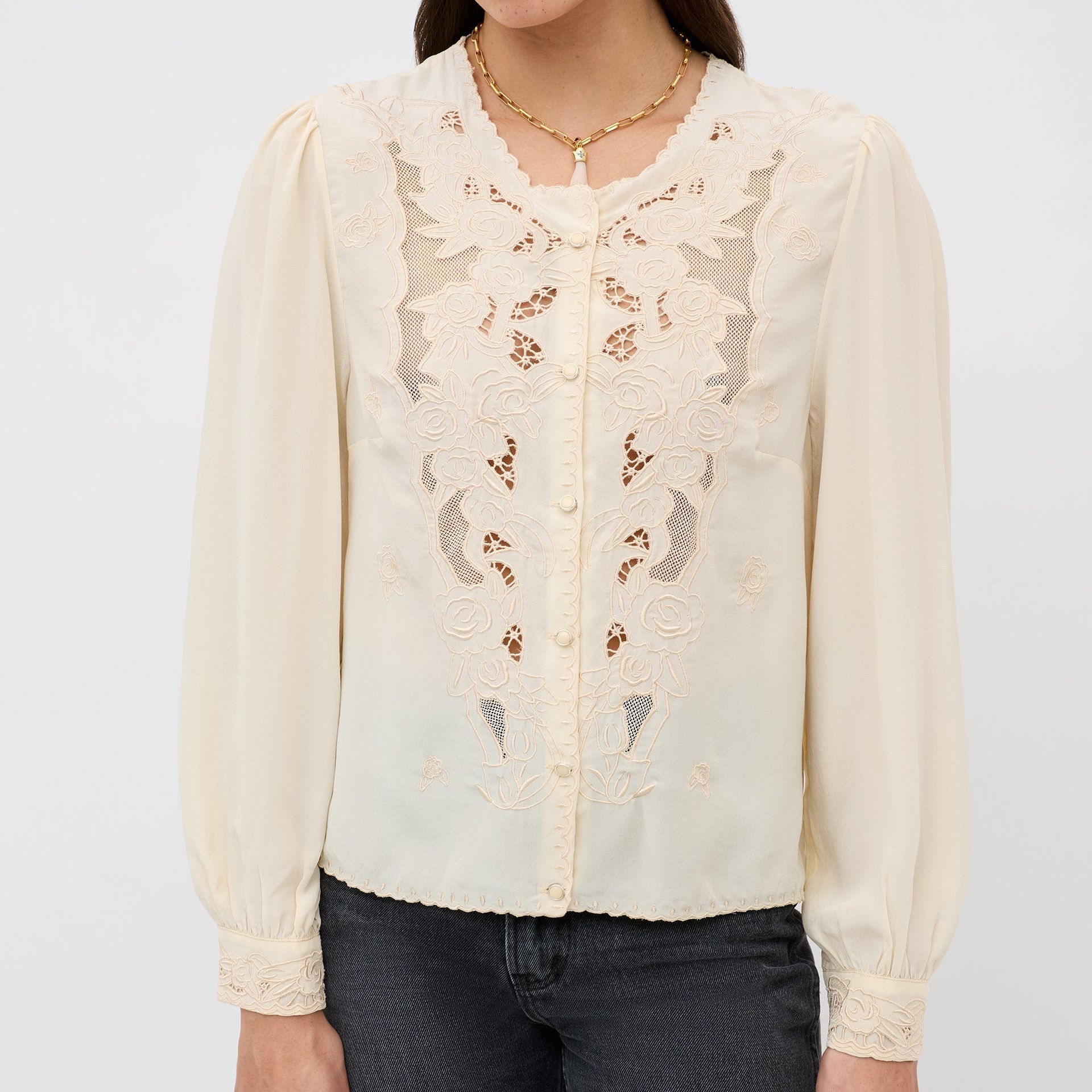 Faela Silk Blouse in Cream Rosalie Embroidery Shell