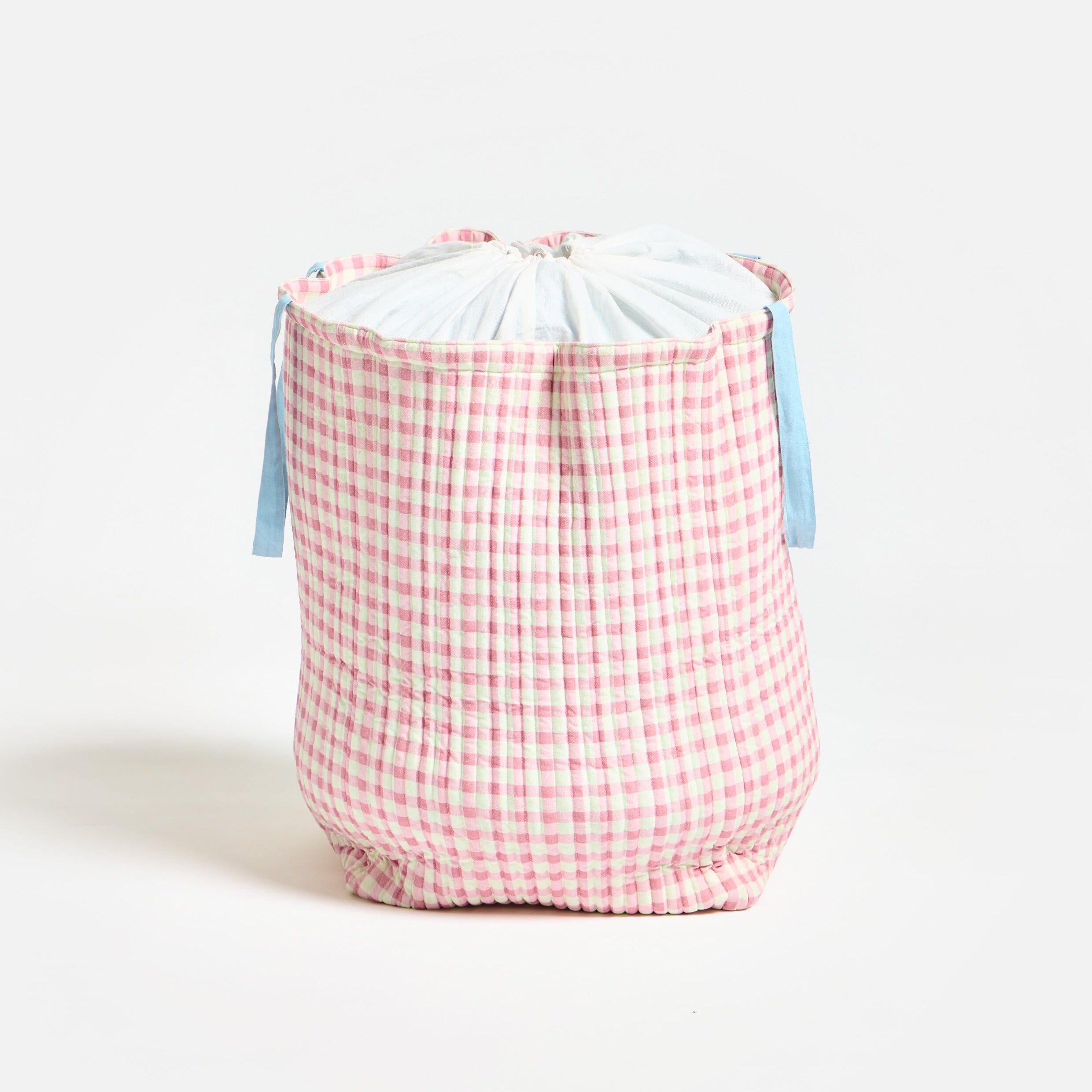 Pink Gingham Fabric Laundry Basket | Oliver Bonas
