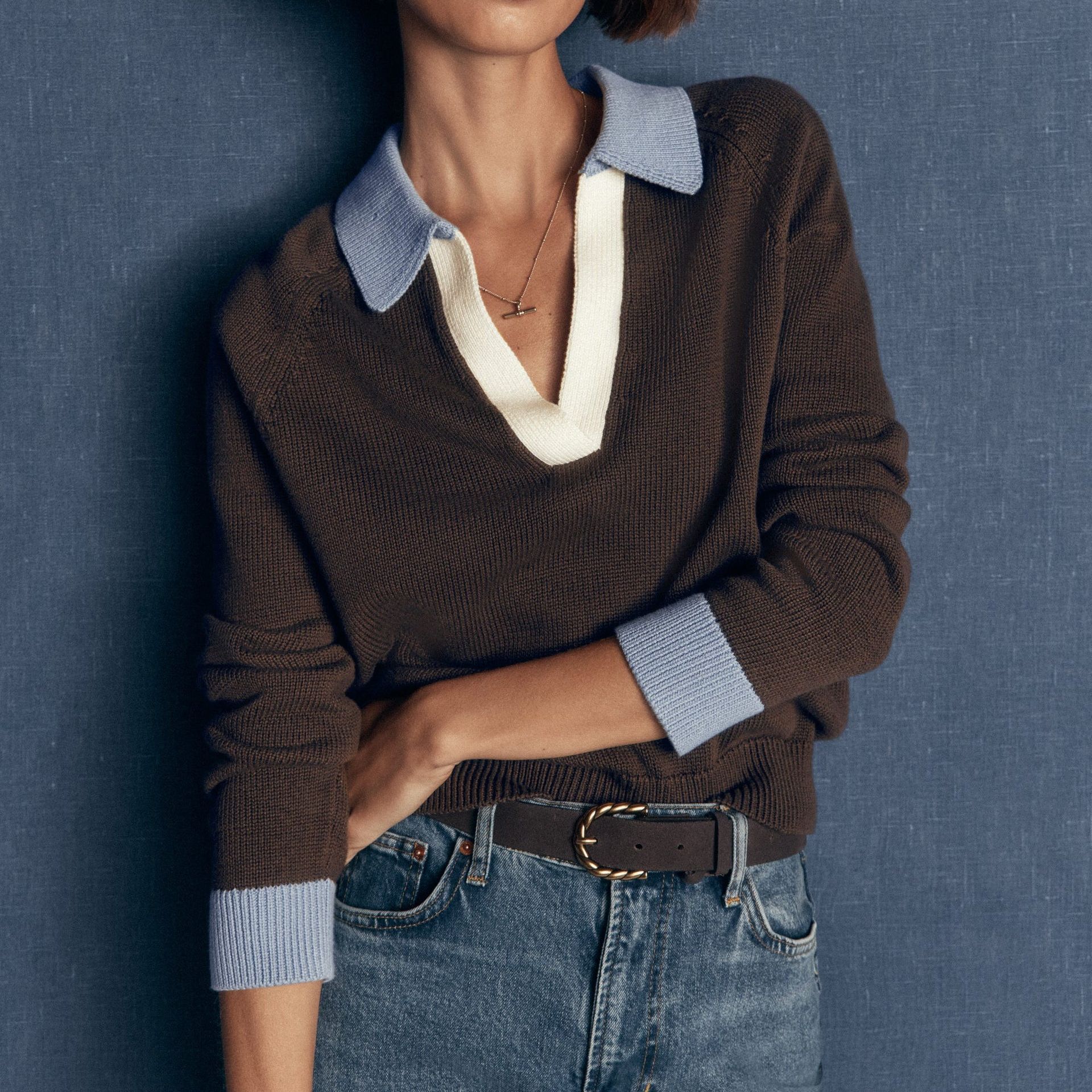 Lucy Cotton Henley Jumper-Bitter Chocolate