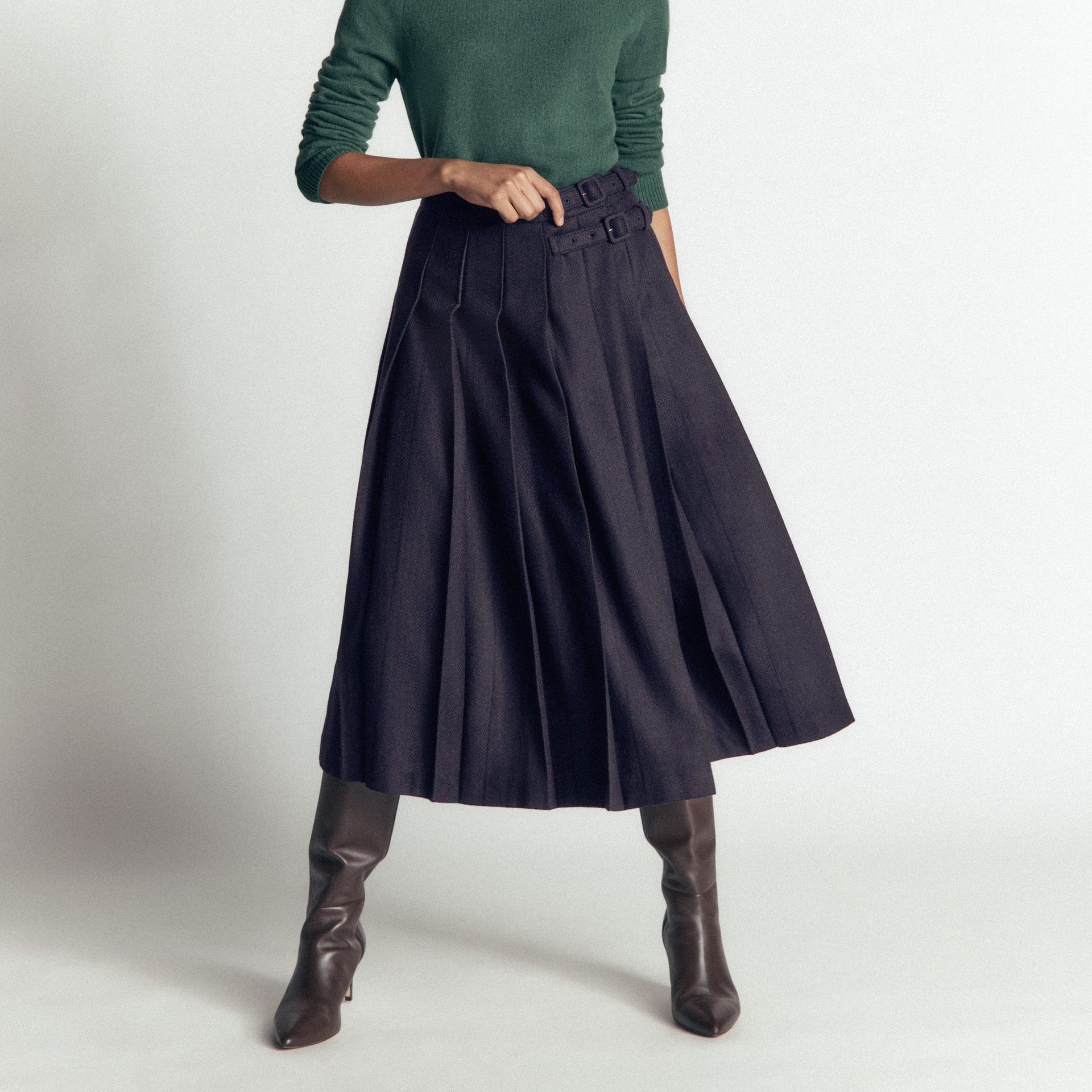 Pleated Midi Kilt-Navy Herringbone