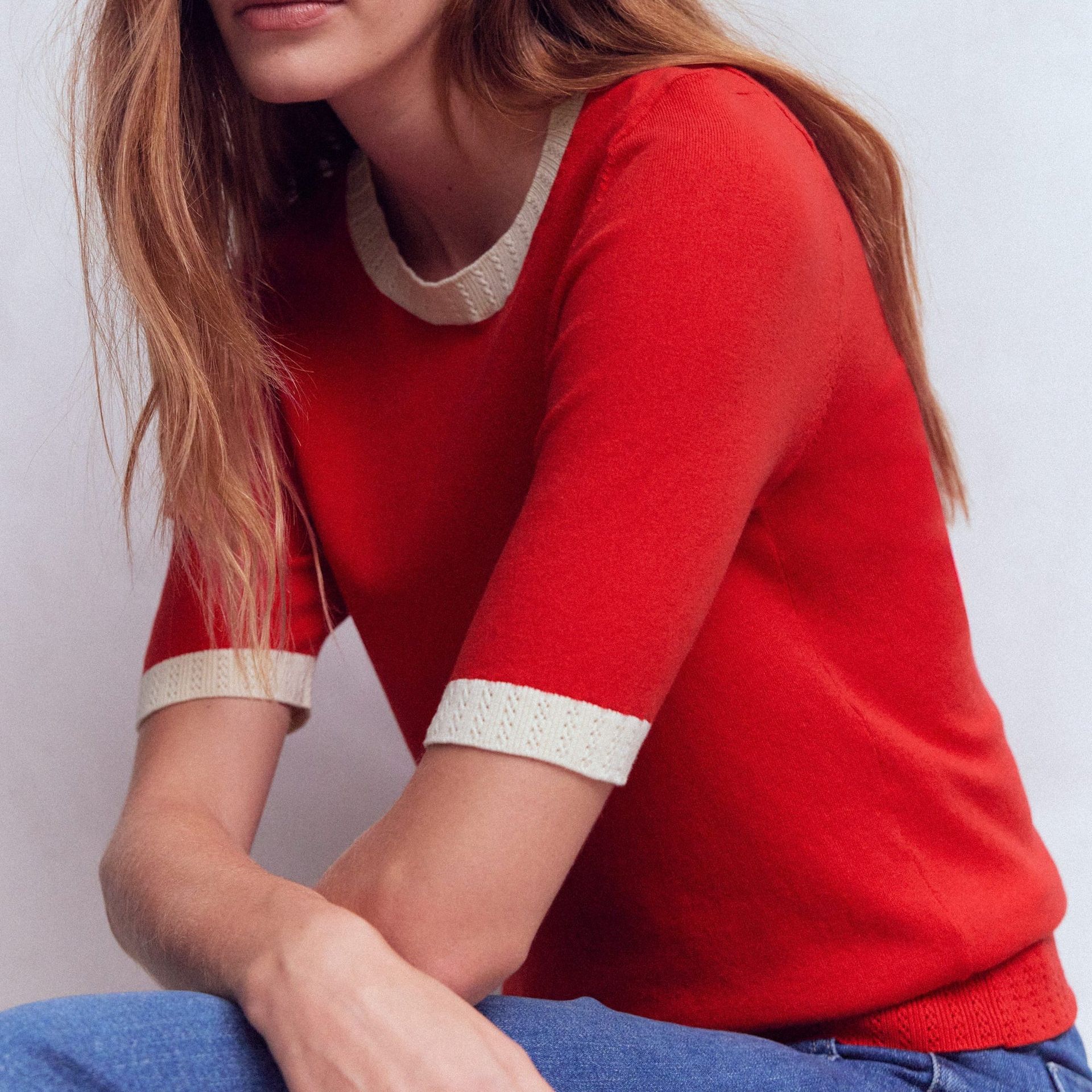 Emilia Cotton Crew T-Shirt-Salsa Red, Ivory