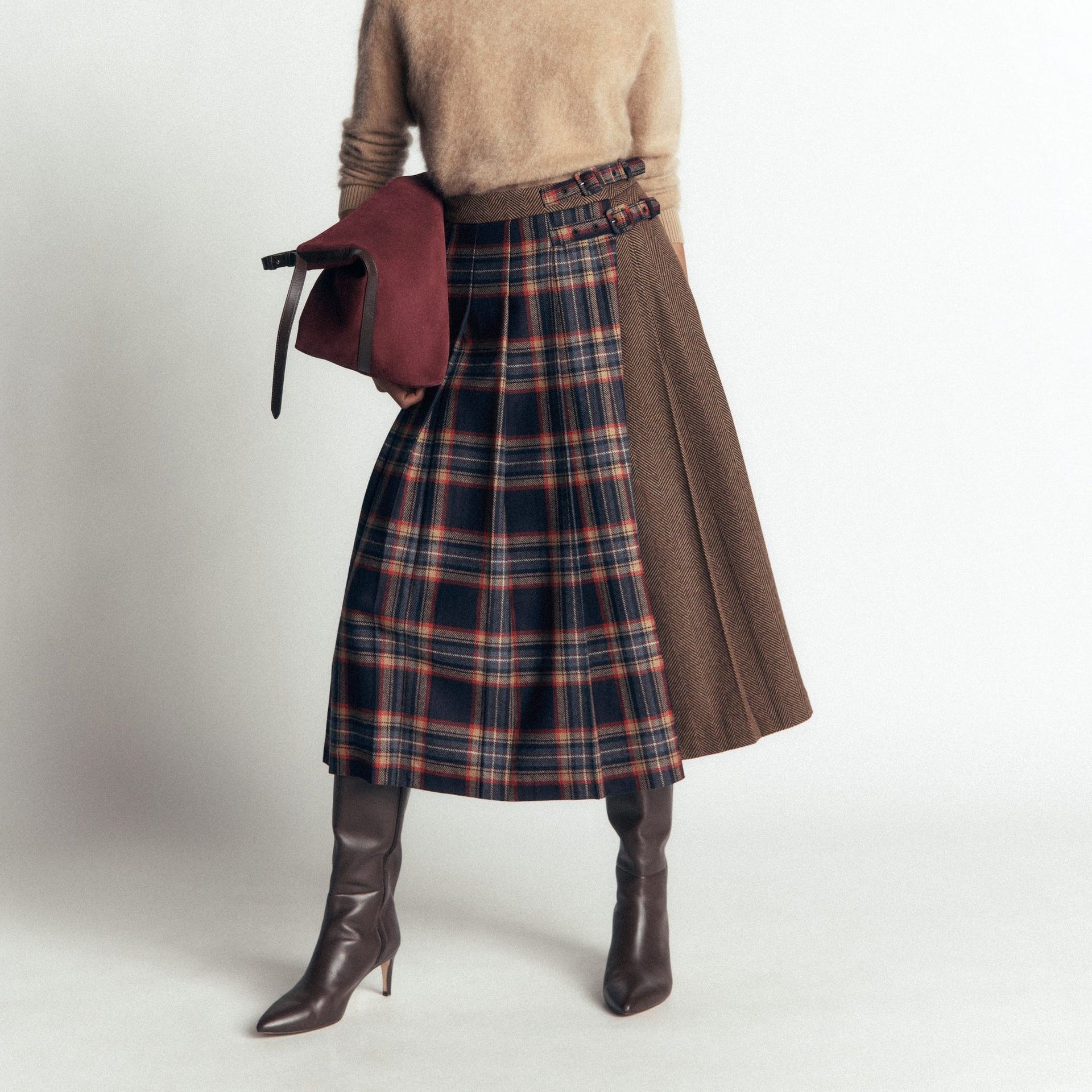 Pleated Midi Kilt-Navy and Camel Check