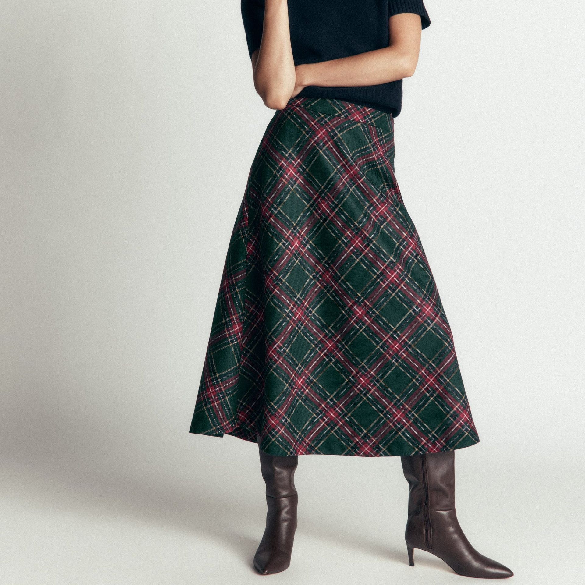 Wool Blend Slip Skirt-Green Check