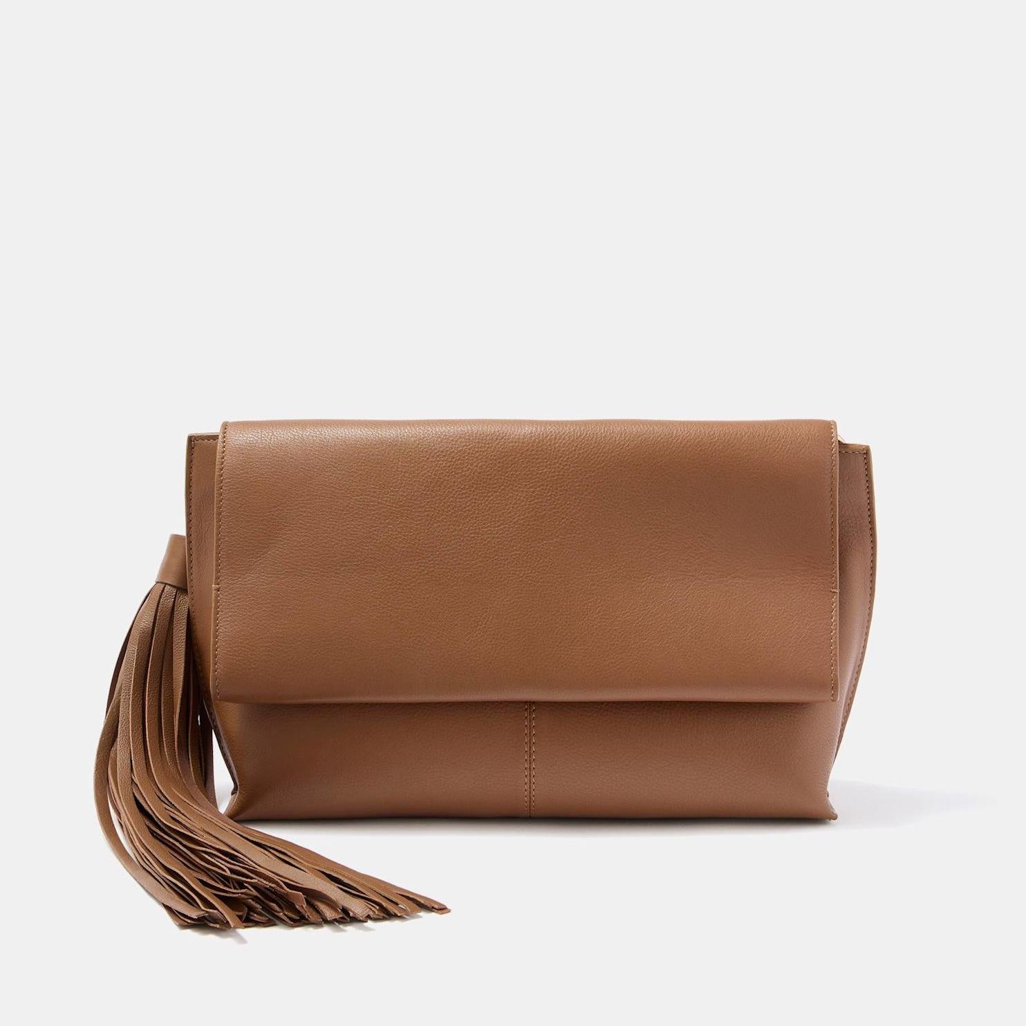 Daisy Tan Leather Fold Over Tassel Clutch