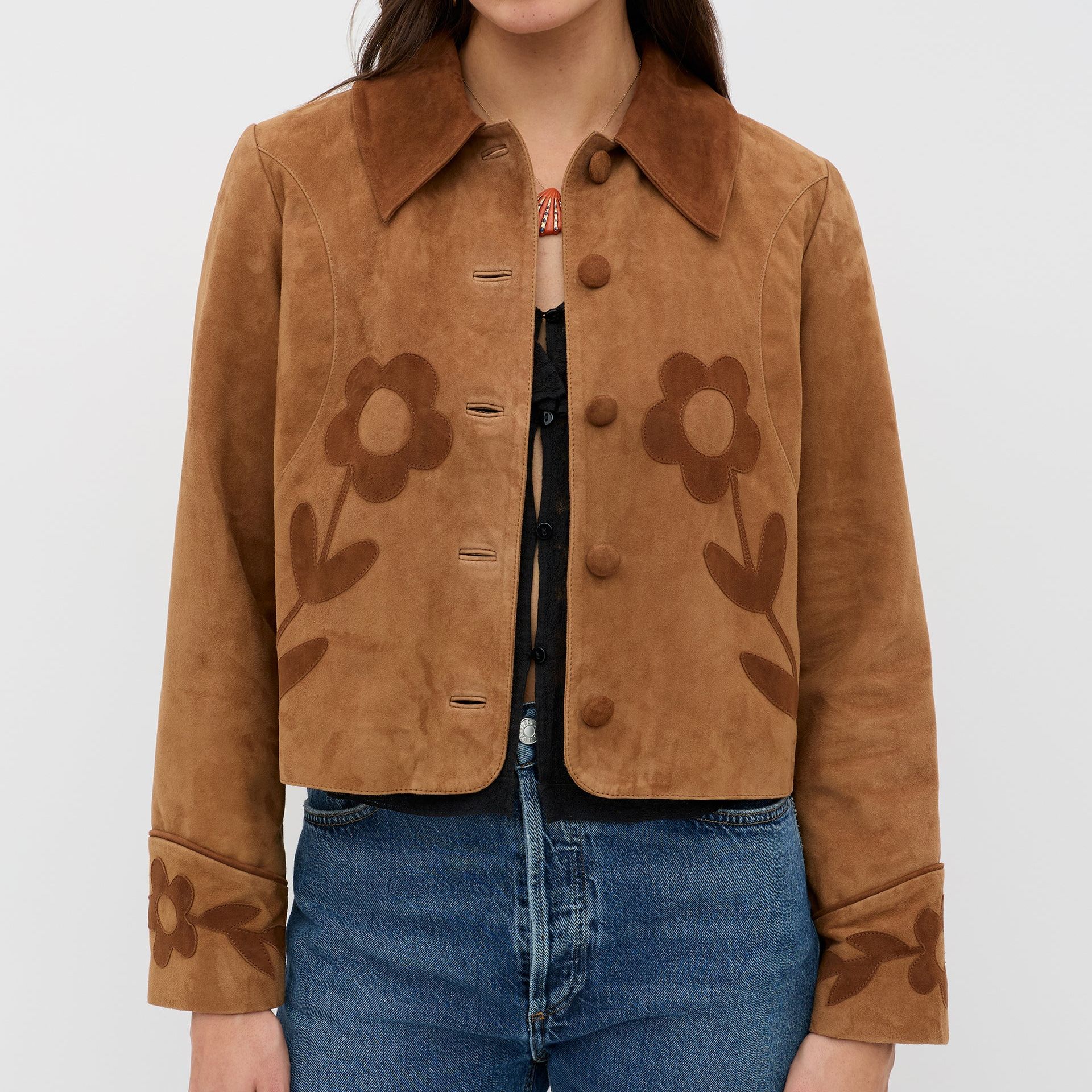 Dionne Suede Jacket in Brown Retro Daisy Applique Tan