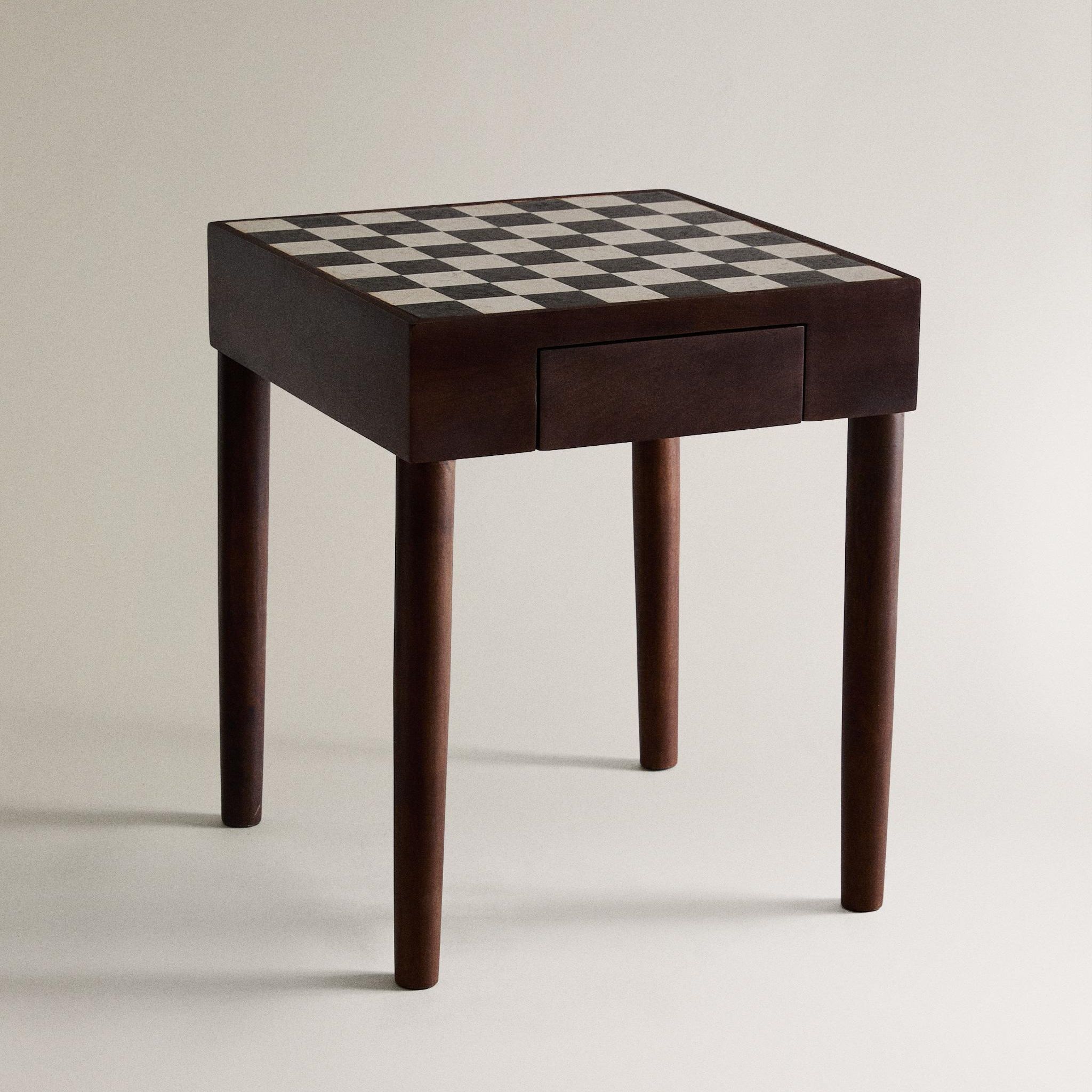 Teak Side Table With Marble Chess Top