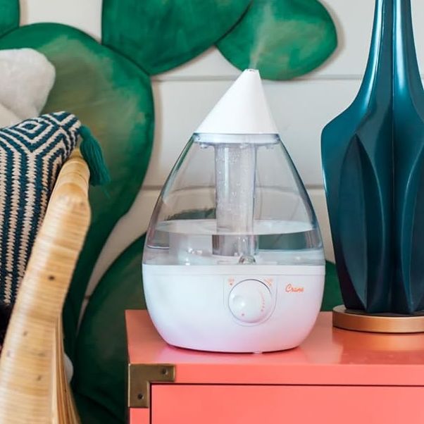 Crane White Teardrop Ultrasonic Cool Mist Humidifier, 1 Gallon Auto Shut-Off for Large Room, Baby Nursery, Bedroom Office, Clear &amp;amp; White